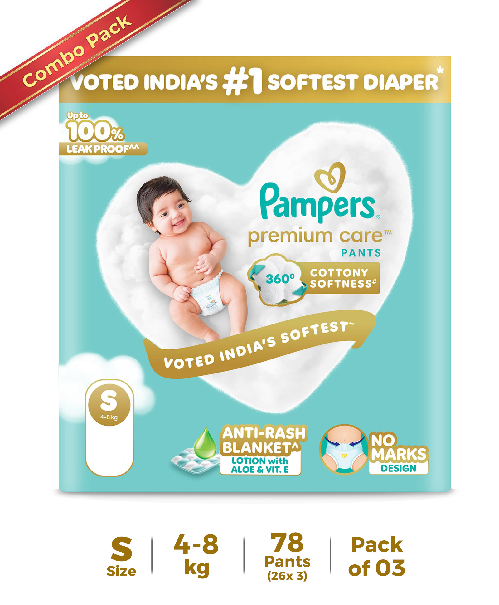 Pampers Premium Care Pants Baby Diapers (S) Size - 26 Pieces(Pack of 3)