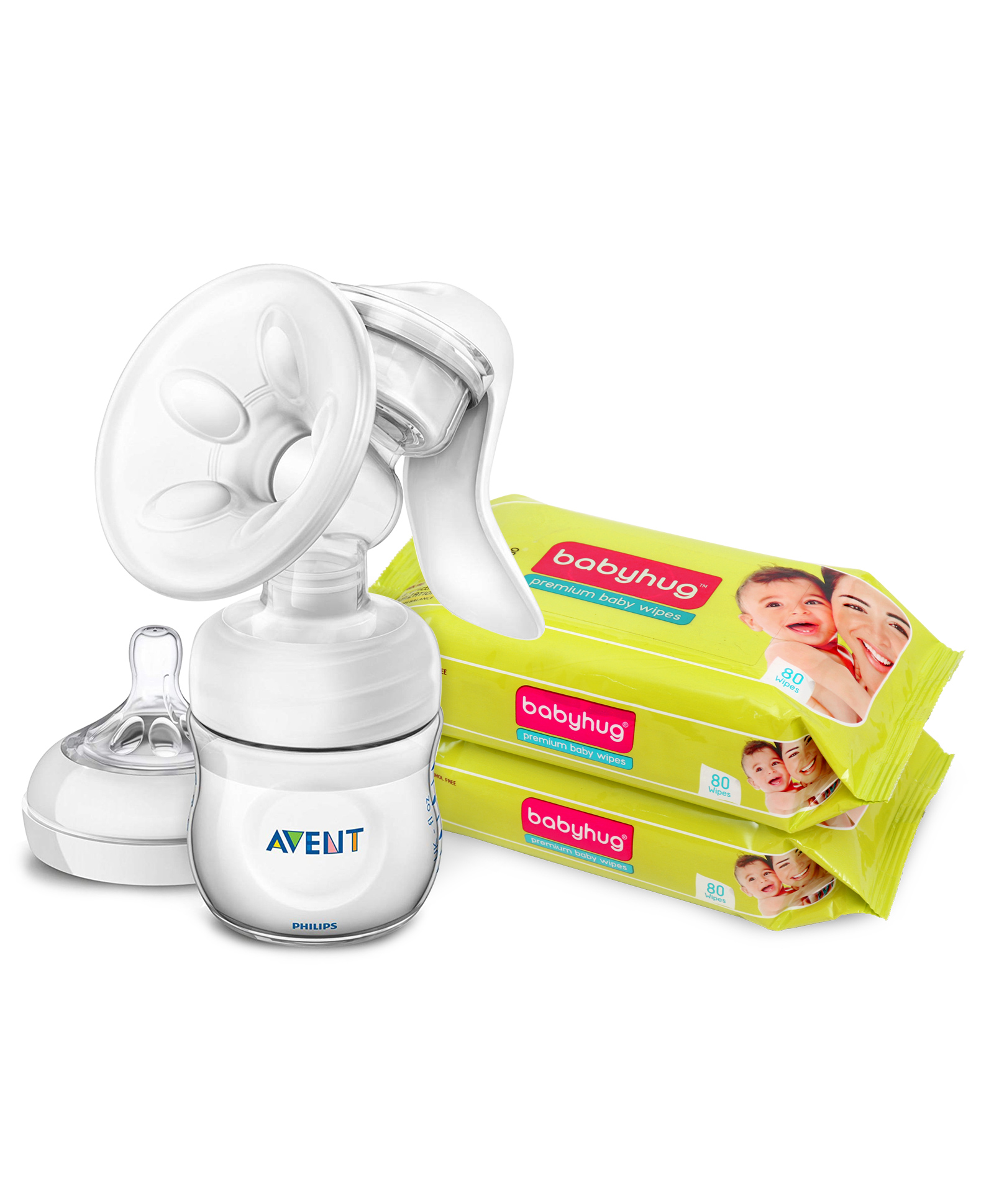 Buy Combo of Avent Comfort Manual Breast Pump & Babyhug Premium Baby Wipes 80 Pieces Online