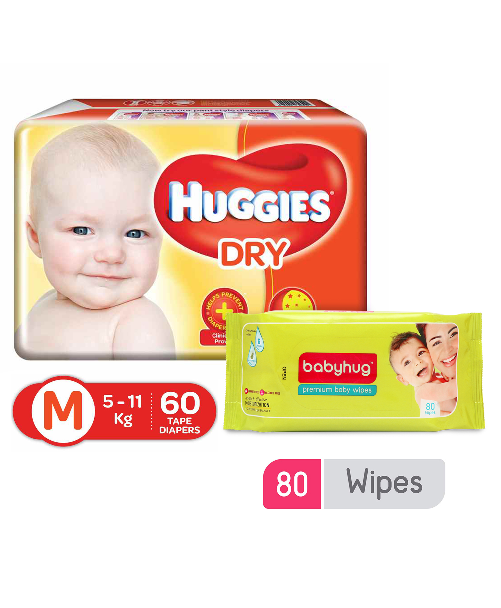 Buy Huggies New Dry Taped Diapers Medium - 60 Pieces & Babyhug Premium ...