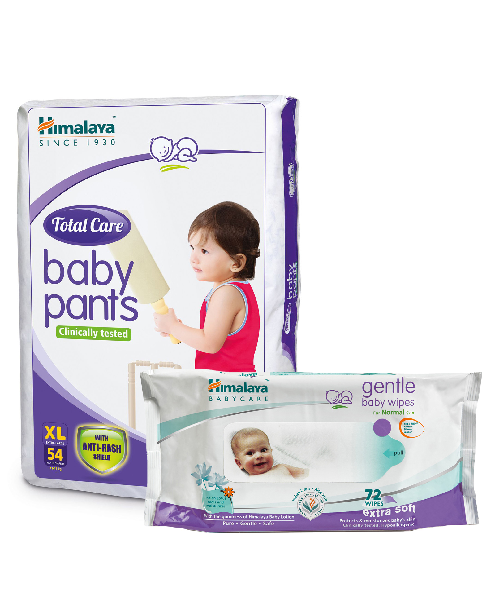 Himalaya Herbal Total Care Baby Pants Style Diapers Extra Large - 54 Pieces &  Baby Wipes - 72 Pieces