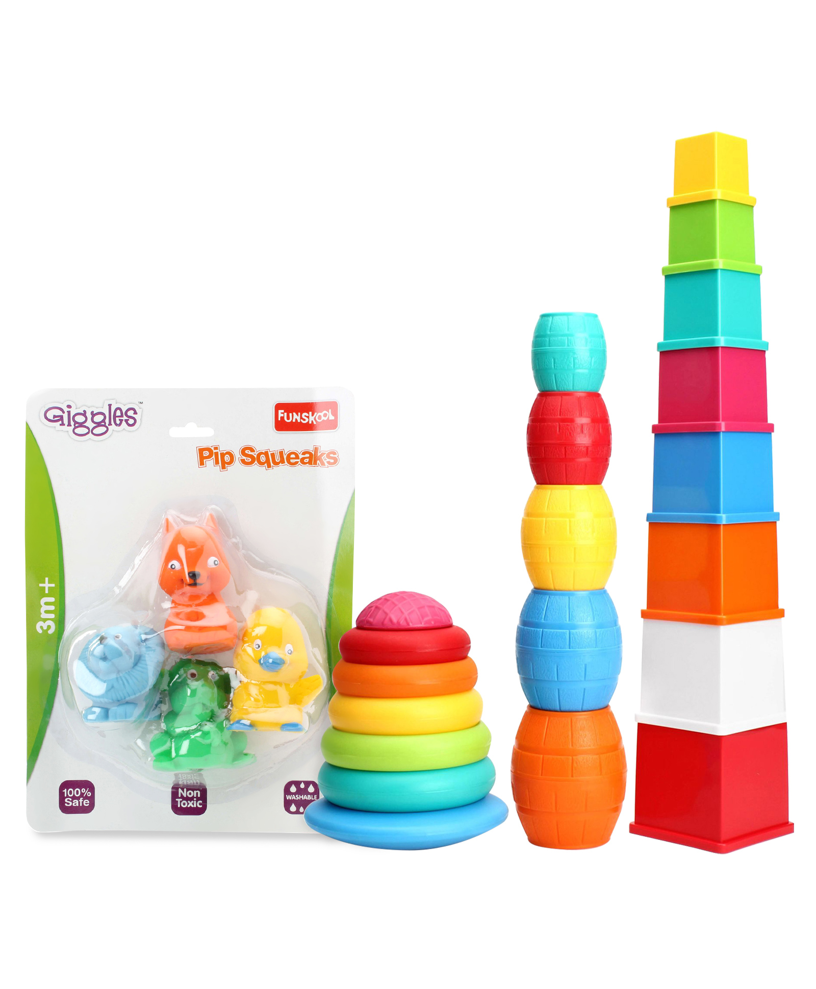 Giggles Combos of Stack N Nest Toy Set 3 in 1 - Multi Color  &  Pip Squeaks bath toys- Multicolor image 1