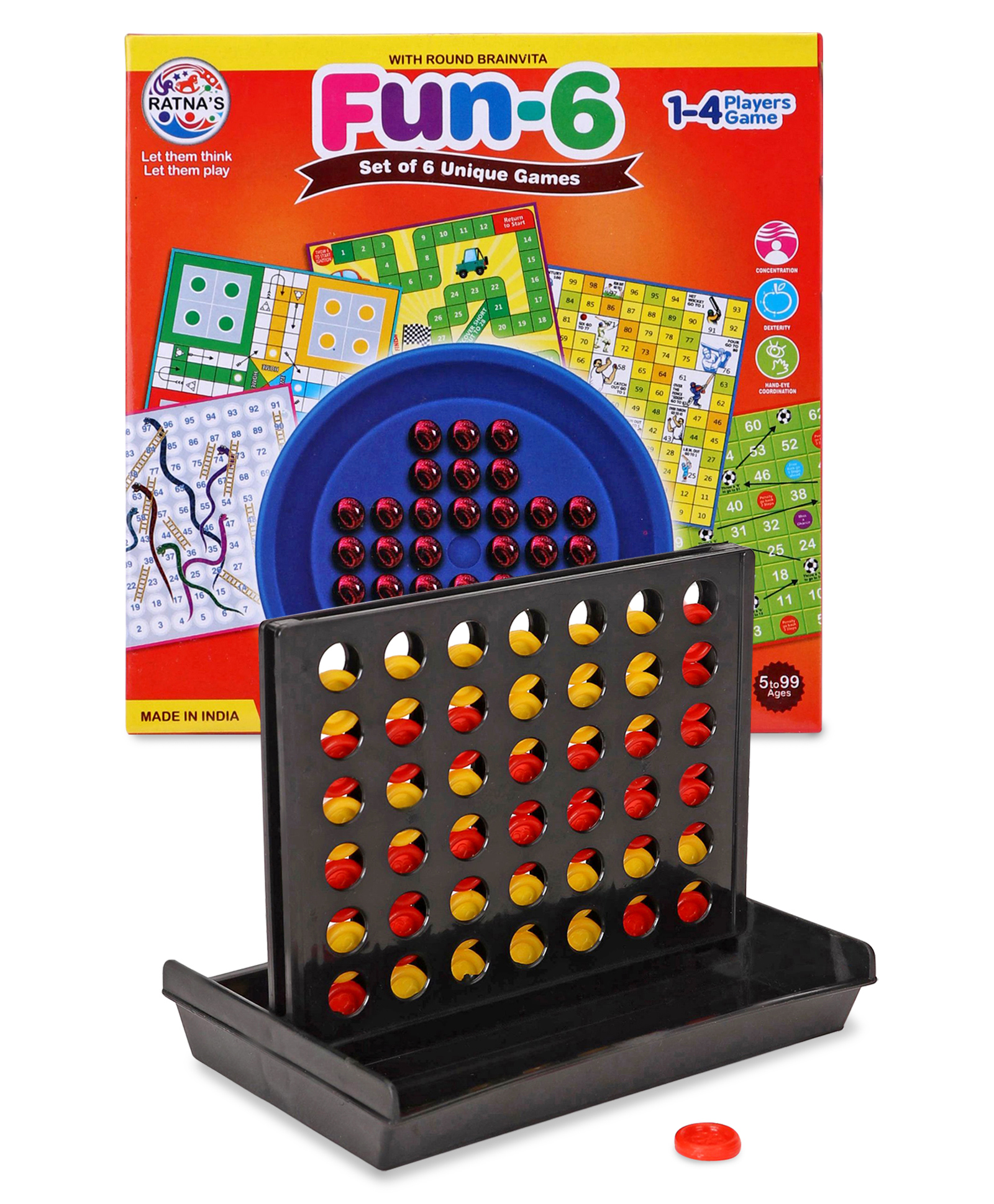 ratnas Multicolor board games combos-Ratnas Plot 4 Square Game & Fun Brainvita & Snakes & Ladders Ludo Game - Set of 6 image 1