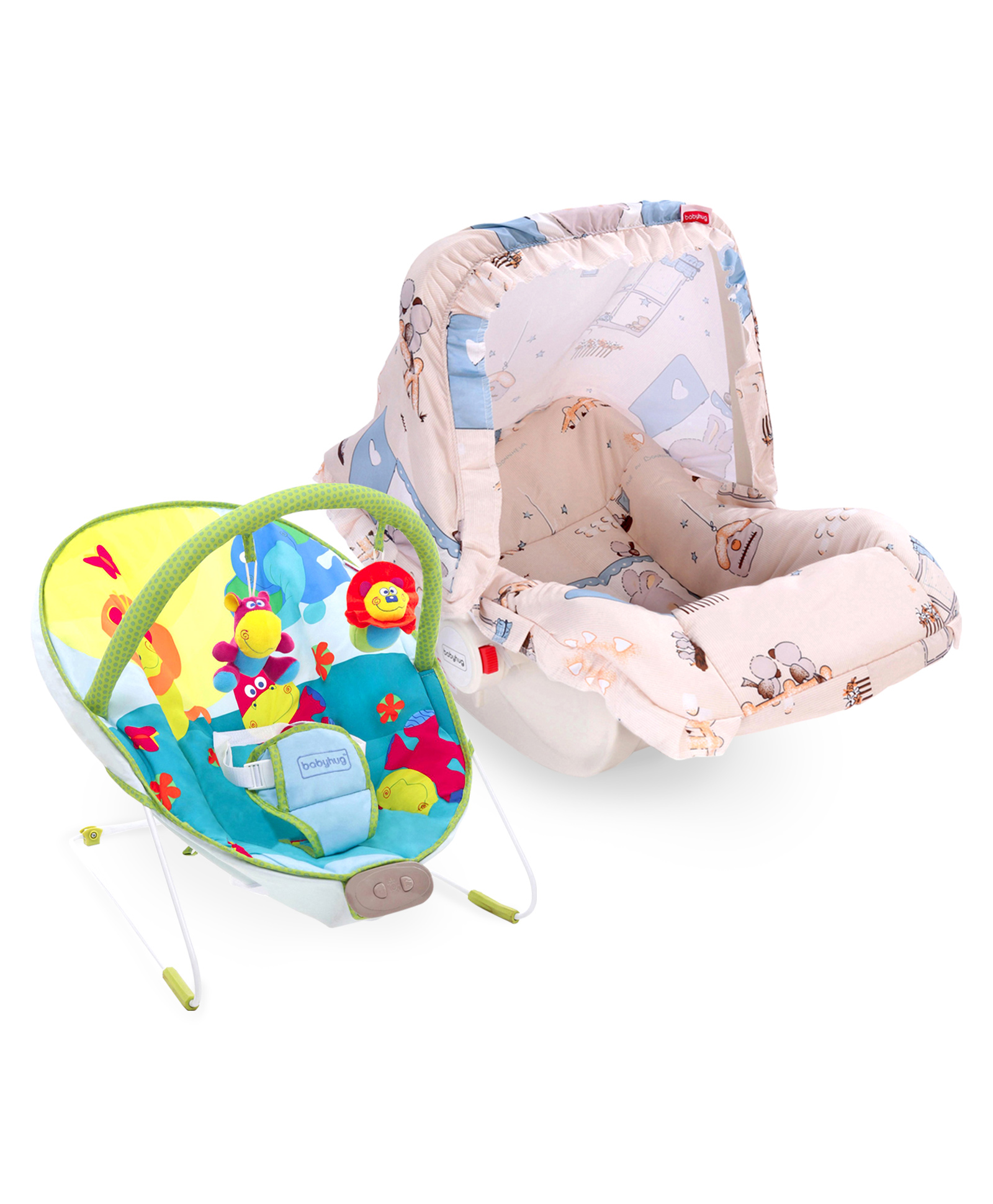 Babyhug Spring 5 in 1 Carry Cot Cum Rocker With Mosquito Net - Cream AND Babyhug Comfy Bouncer With Music & Calming Vibrations Animal Print - Multicolour image 1