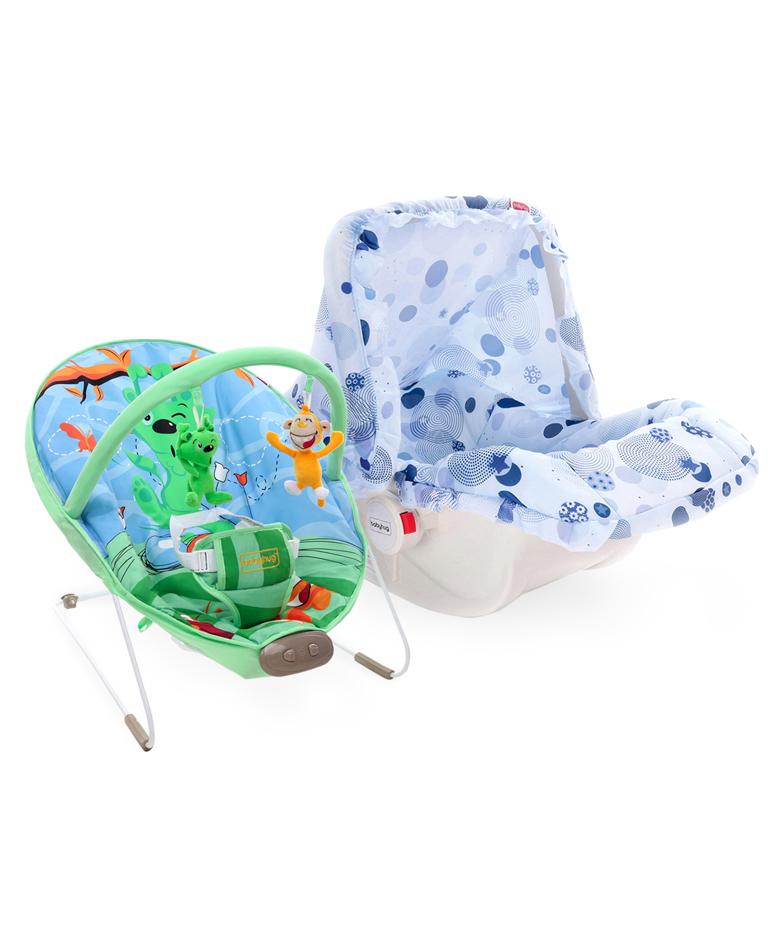 Babyhug Spring 5 in 1 Carry Cot Cum Rocker With Mosquito Net - Blue AND Babyhug Comfy Bouncer With Music & Calming Vibrations Animal Print - Blue Green image 1