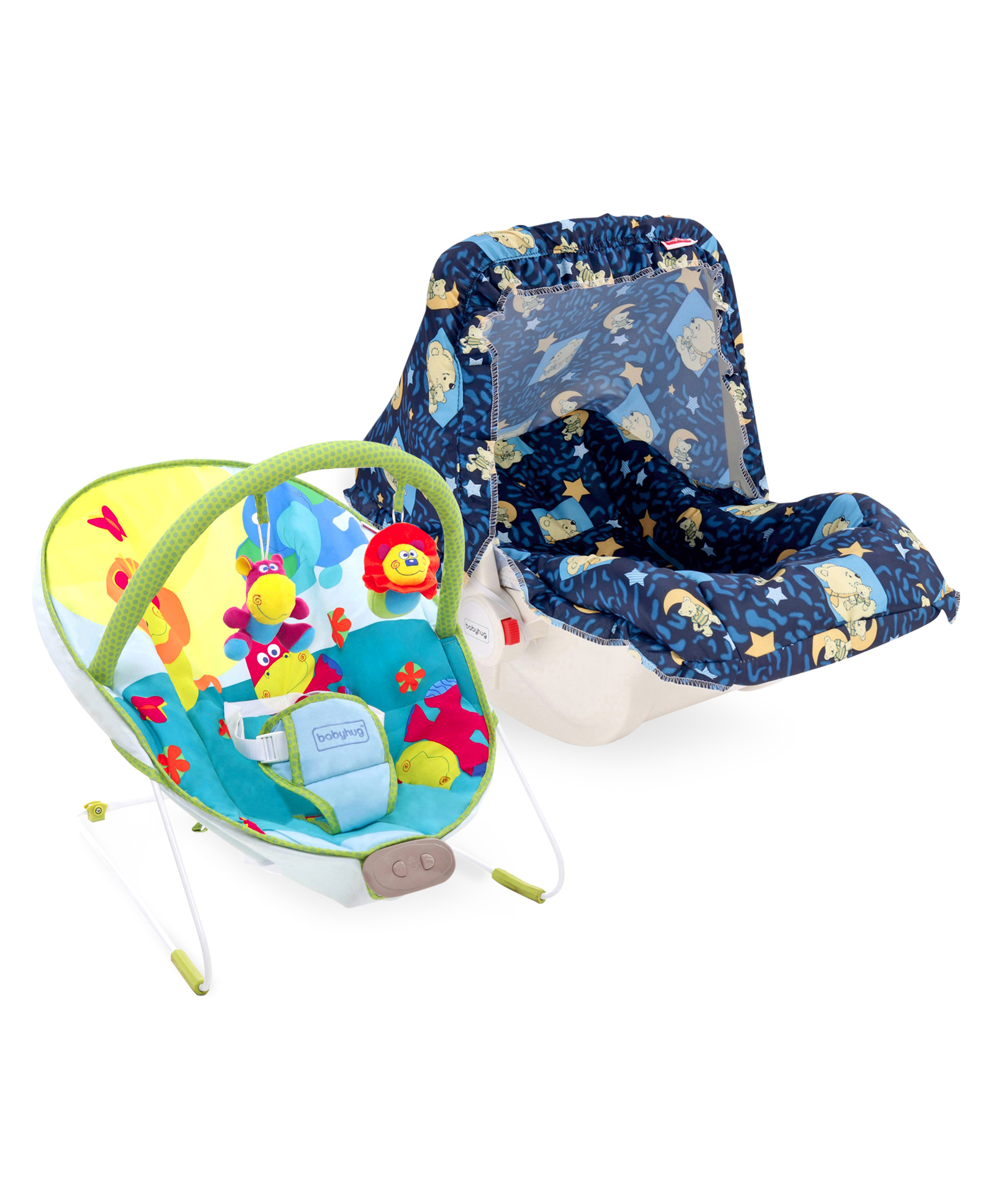 Babyhug Spring 5 in 1 Carry Cot Cum Rocker With Mosquito Net - Dark Blue AND Babyhug Comfy Bouncer With Music & Calming Vibrations Animal Print - Multicolour image 1