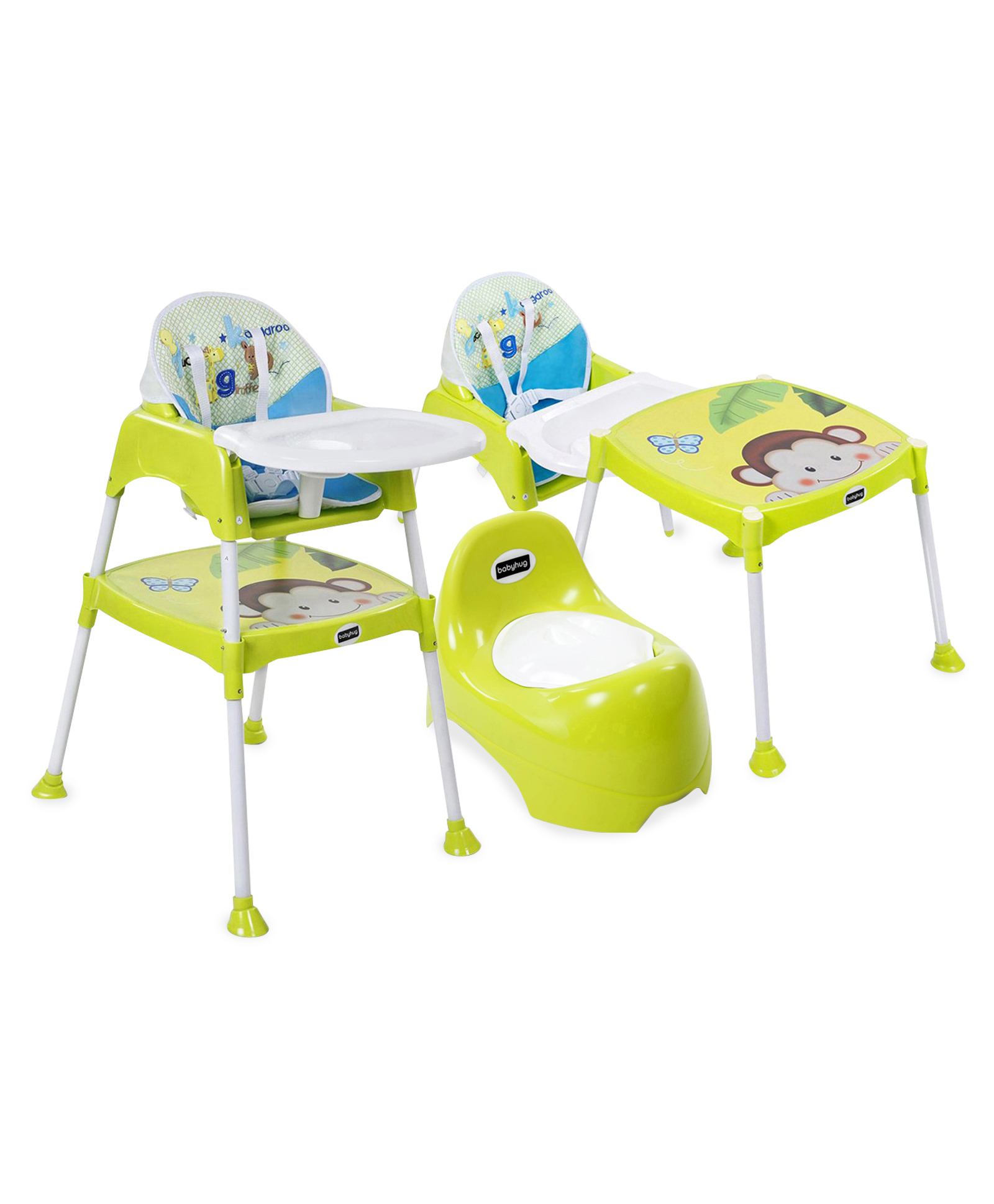 babyhug teeny tiny potty chair with lid  and babyhug 3 in 1 play & grow high chair with 5 point safety harness & anti-slip base (green)