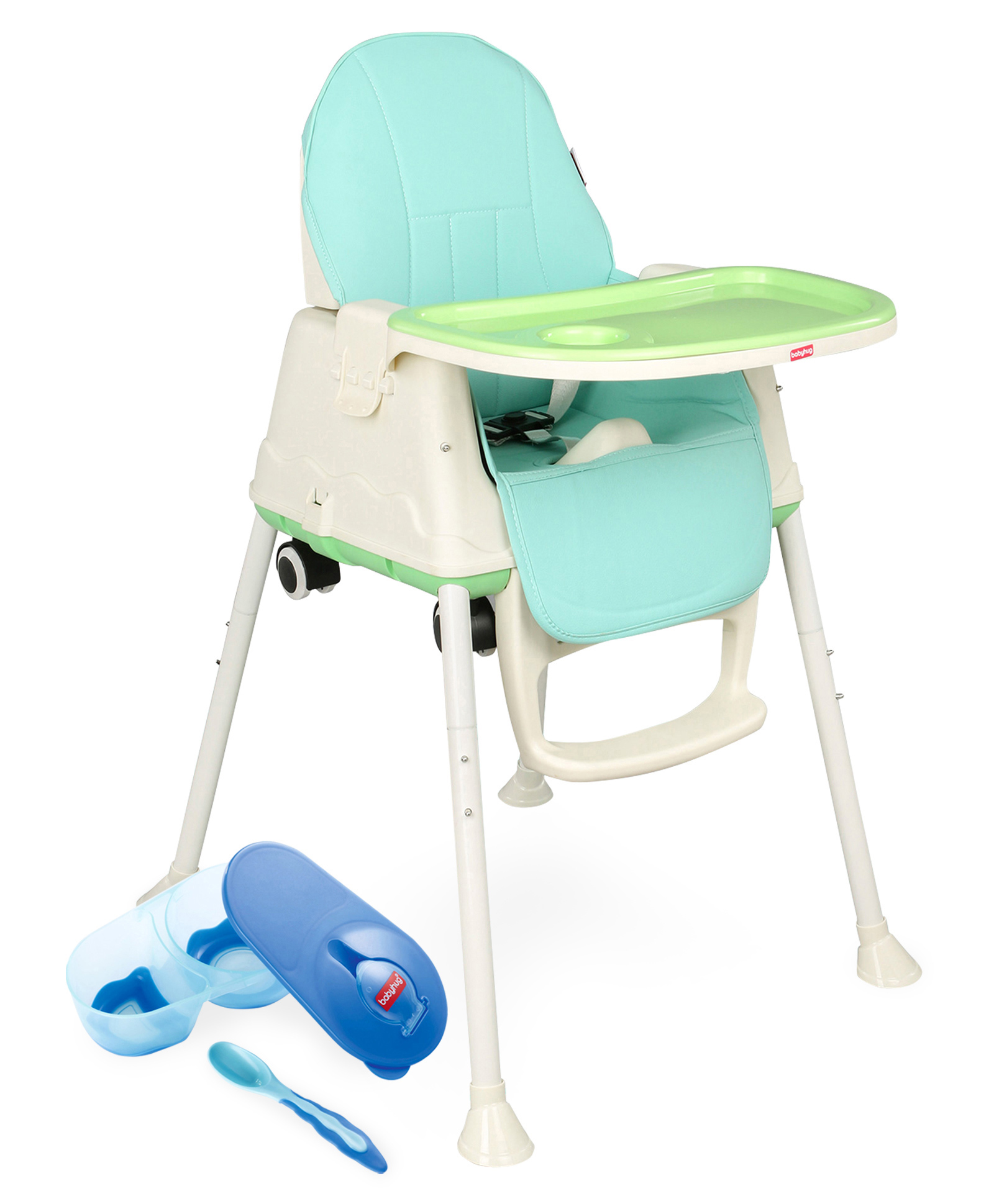 Babyhug 3 in 1 Comfy High Chair  - Green AND Babyhug Compartment Feeding Bowl With Lid & Spoon - Blue-image-21
