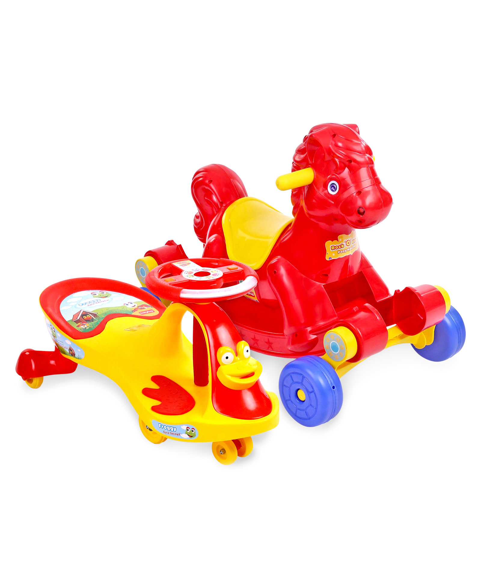Babyhug Rock 'O' Ride Pony Ride-on - Red AND Babyhug Froggy Gyro Swing Car With Easy Steering Wheel - Yellow