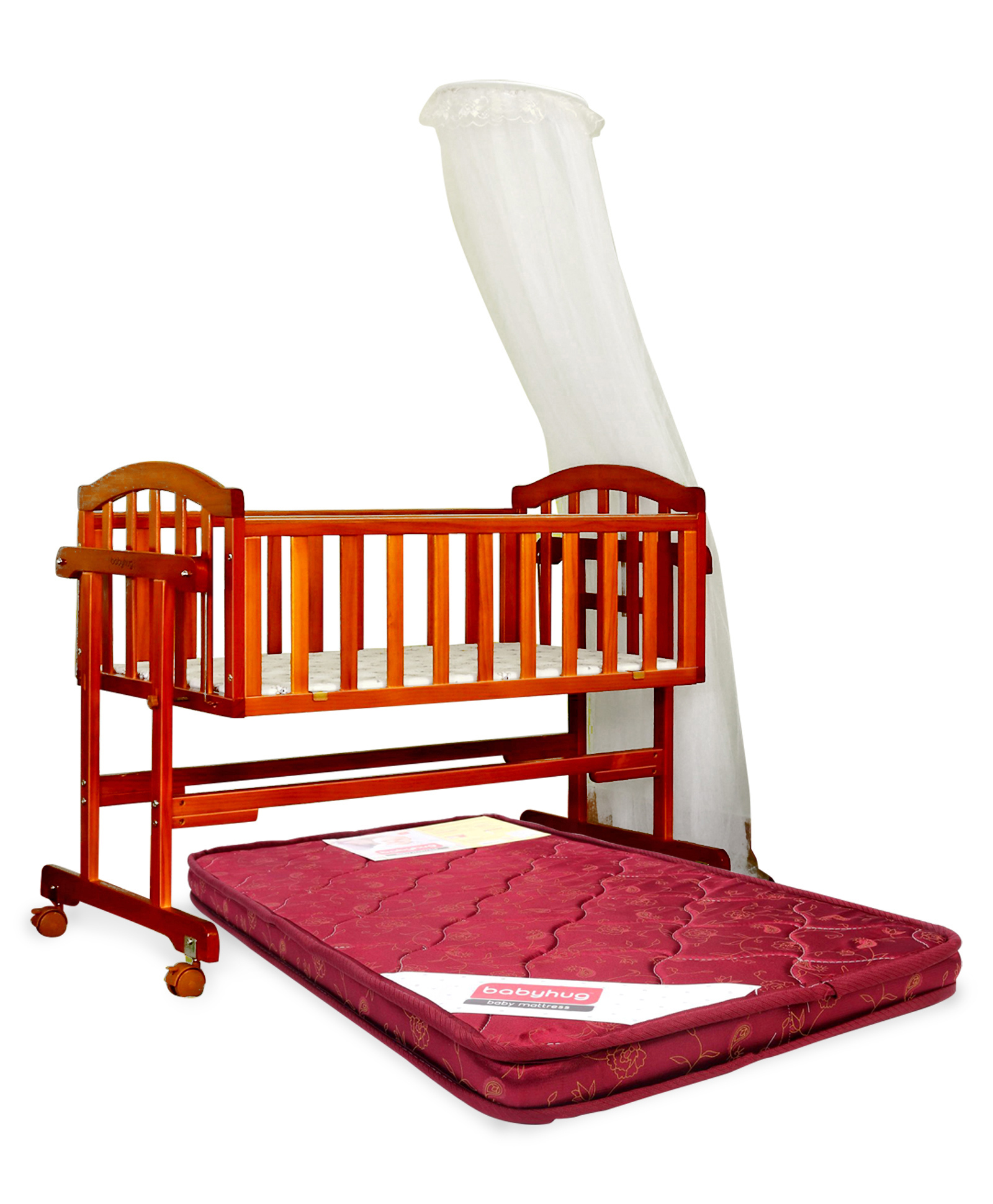 Babyhug Ionia Wooden Cradle With Mosquito Net - Cherry AND Babyhug Mattress Floral Print - Maroon-image-6