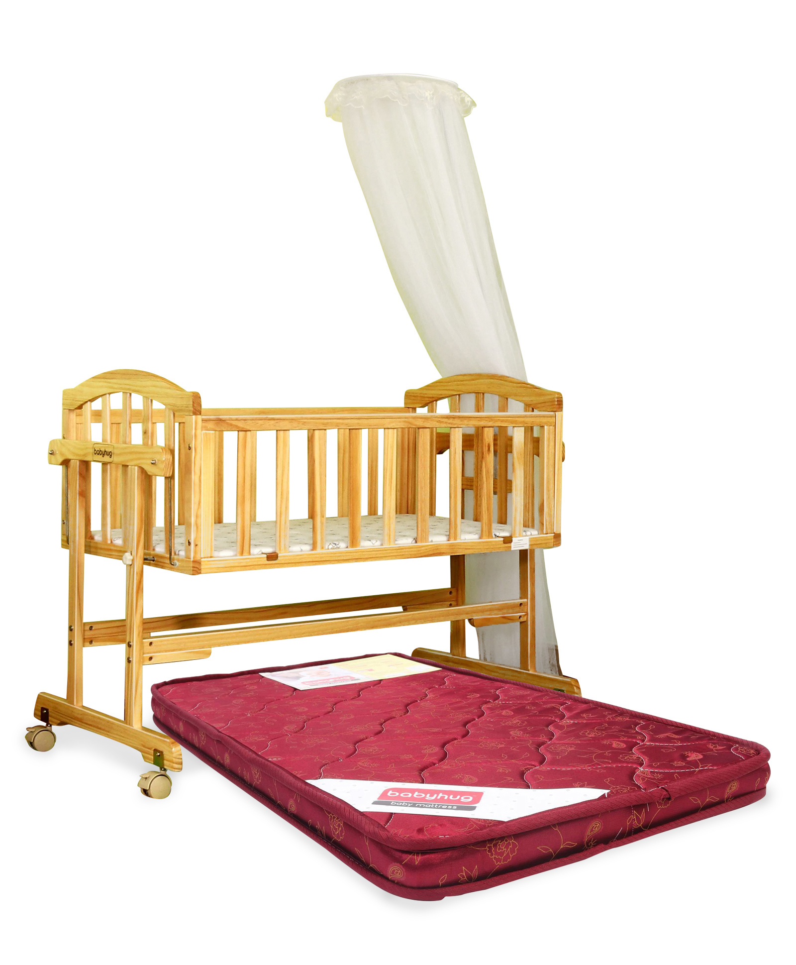 Babyhug Ionia Wooden Cradle With Mosquito Net - Natural Finish AND Babyhug Mattress Floral Print - Maroon-image-6