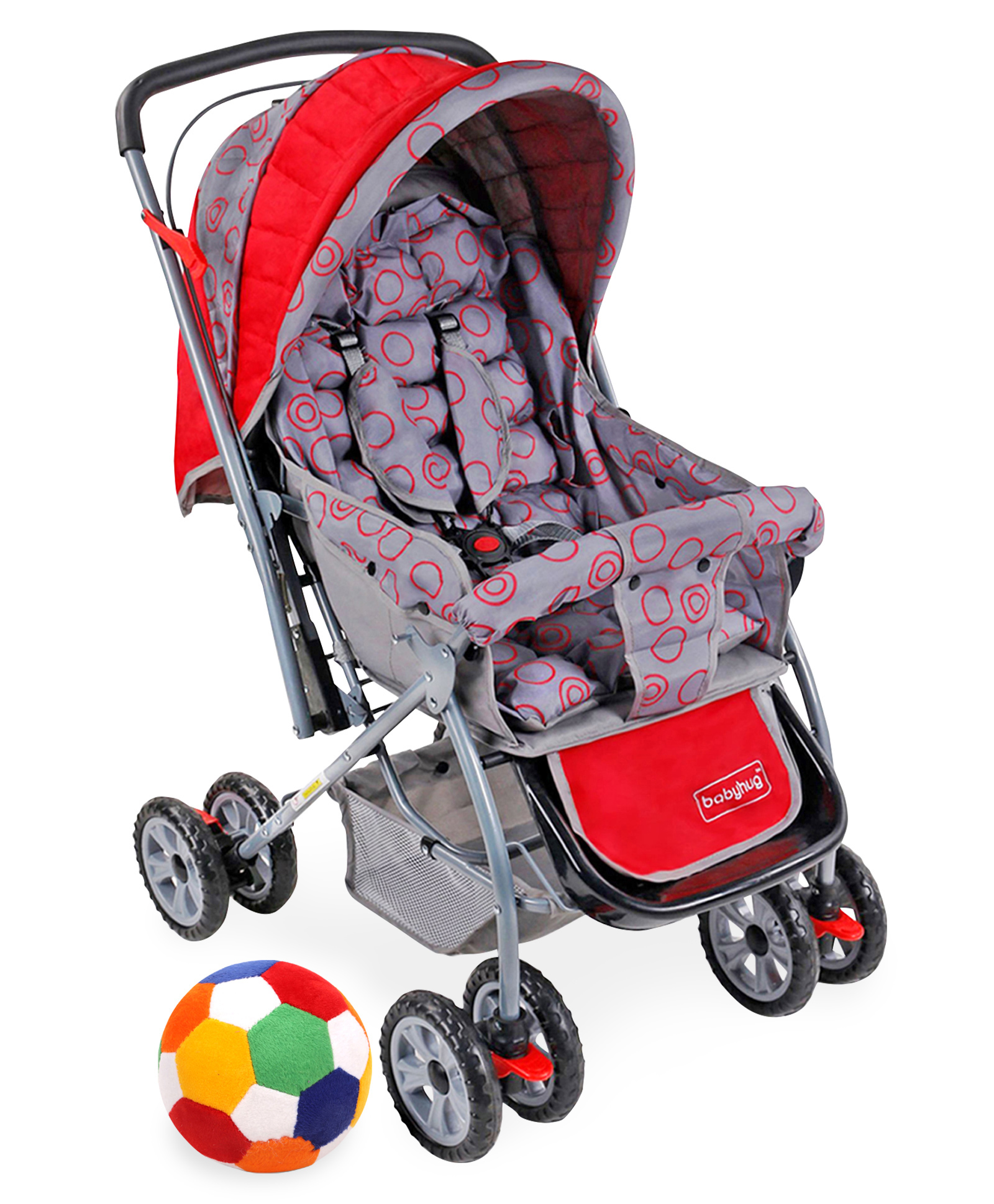 Babyhug Cosy Cosmo Stroller With Reversible Handle & Back Pocket - Bright Red AND Babyhug Small Soft Ball Multicolour - 41 cm image 1
