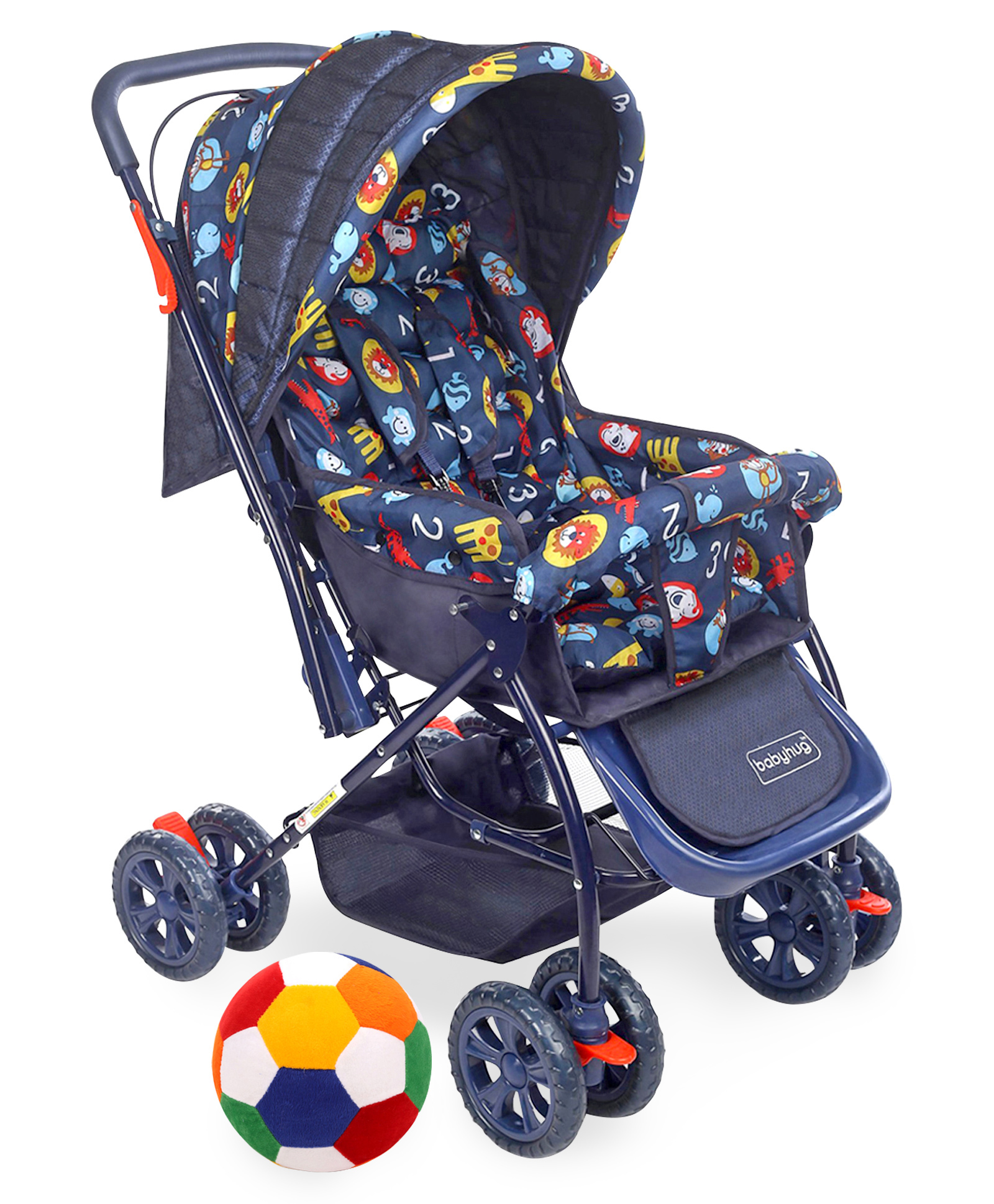 Babyhug Cosy Cosmo Stroller With Reversible Handle & Back Pocket - Navy Blue AND Babyhug Soft Ball Big Multicolour - 63 cm image 1