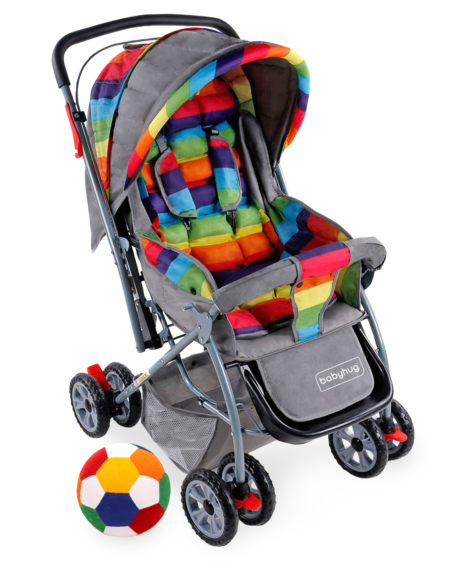 Babyhug Cosy Cosmo Stroller With Reversible Handle & Back Pocket - Vibgyor AND Babyhug Soft Ball Big Multicolour - 63 cm image 1