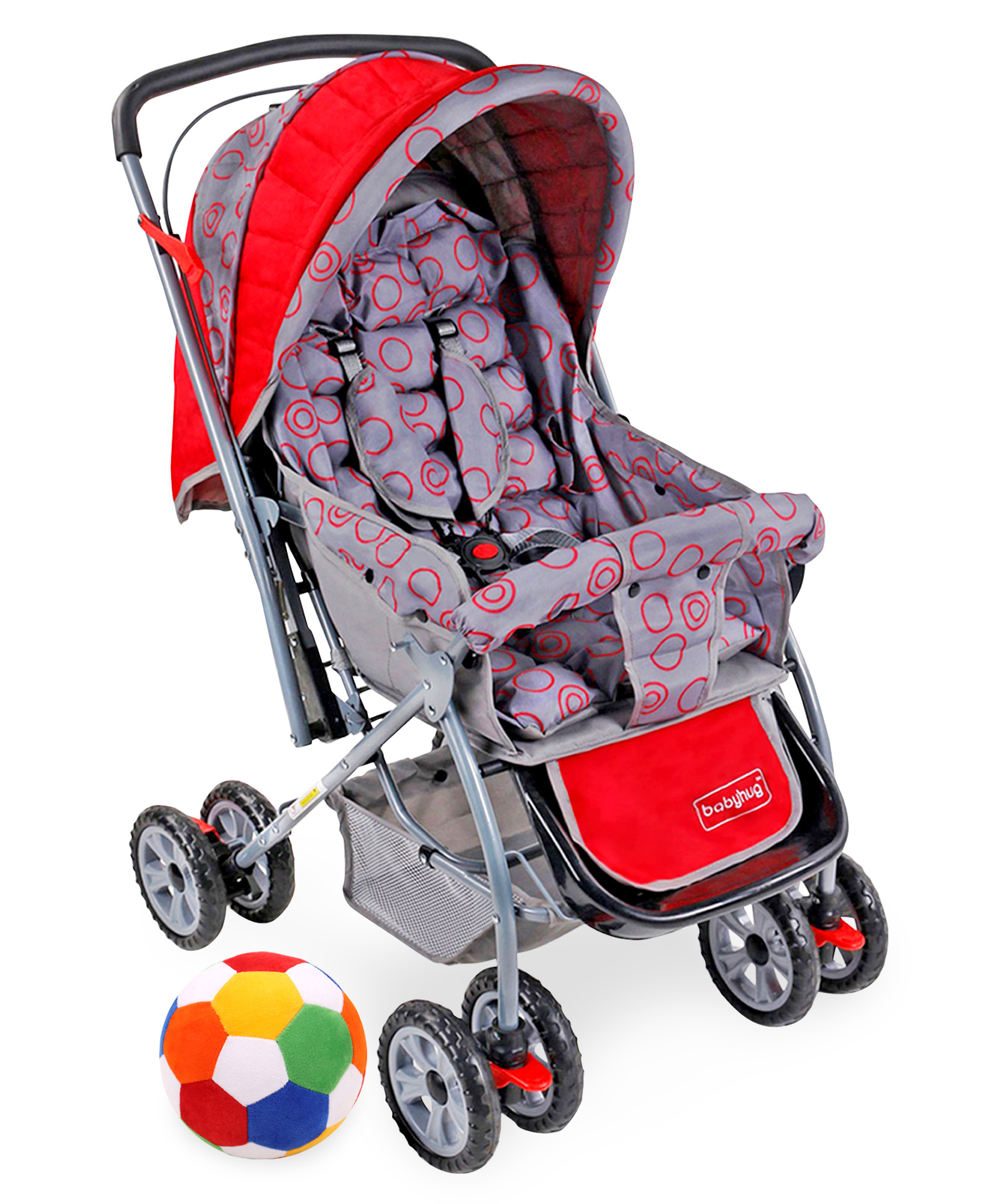 Babyhug Cosy Cosmo Stroller With Reversible Handle & Back Pocket - Bright Red AND Babyhug Soft Ball Medium Multicolor - 52 cm image 1