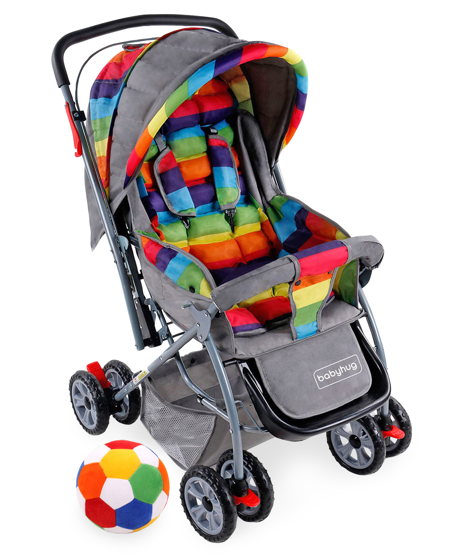 Babyhug Cosy Cosmo Stroller With Reversible Handle & Back Pocket - Vibgyor AND Babyhug Soft Ball Medium Multicolor - 52 cm image 1