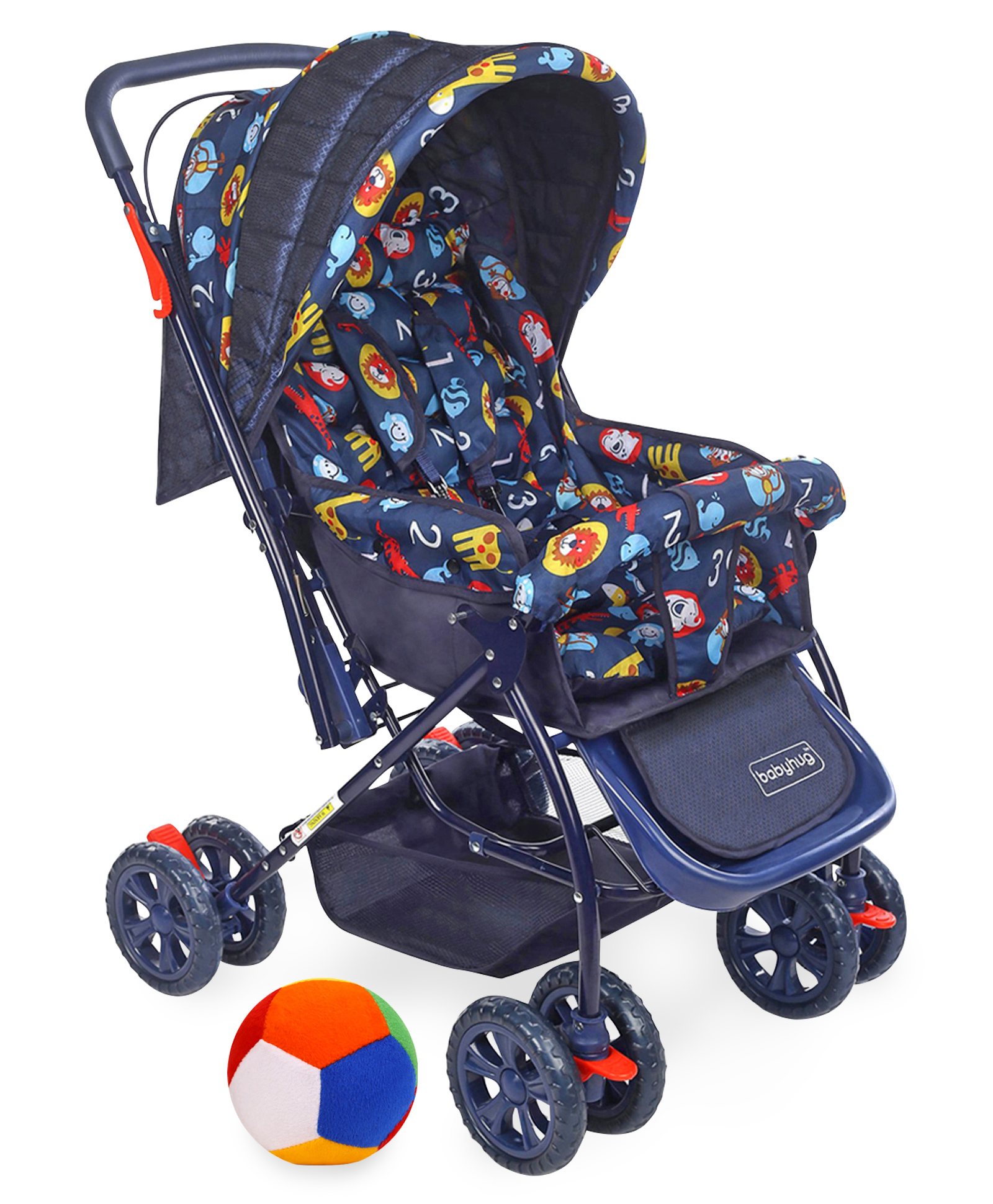 Babyhug Cosy Cosmo Stroller With Reversible Handle & Back Pocket - Navy Blue AND Babyhug Soft Ball Multicolor - 36 cm image 1