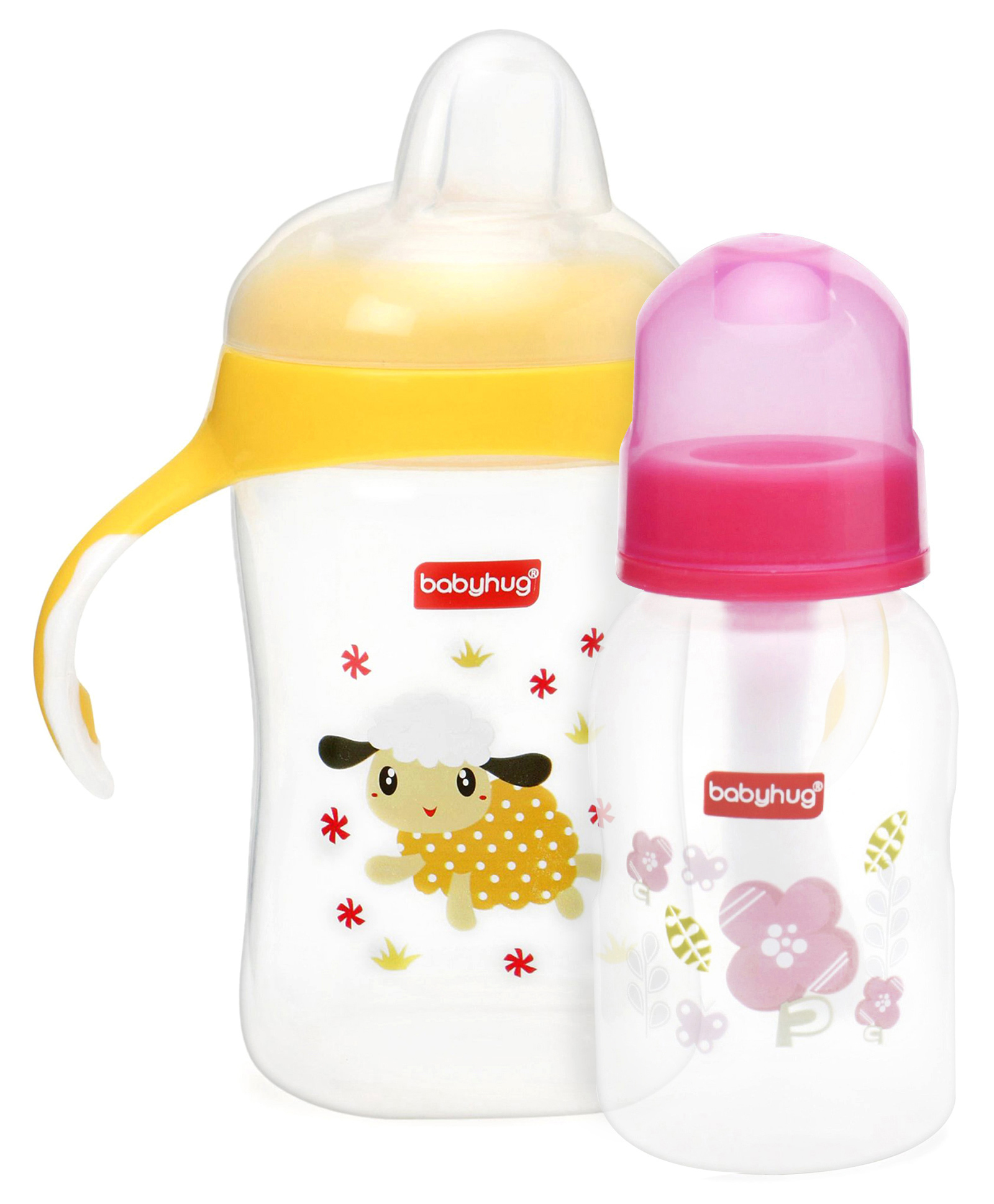 Babyhug Cereal Feeder With Spoon Pink - 150 ml & Hushie Soft Spout Sipper With Handle Yellow - 300 ml Combo Pack image 1