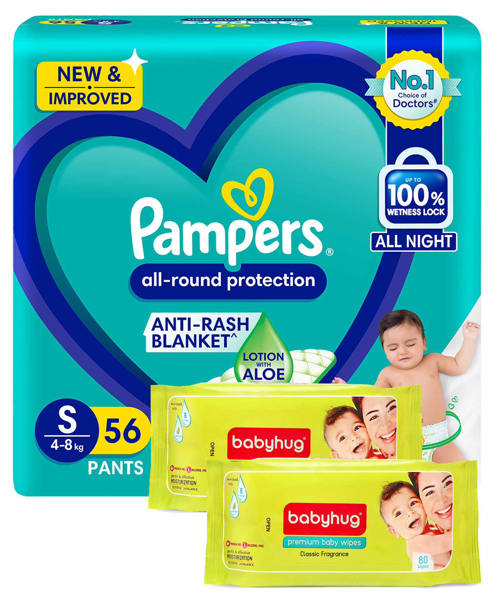 Buy Pampers Diaper Pants Small - 56 Pieces & Babyhug Premium Baby Wipes ...