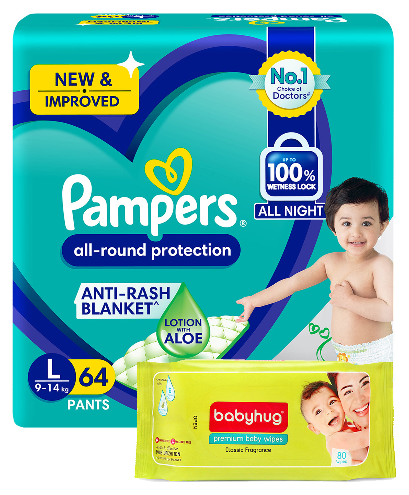 Pampers Pant Style Diapers Large - 64 Pieces & Babyhug Premium Baby Wipes - 80 Pieces-image-47