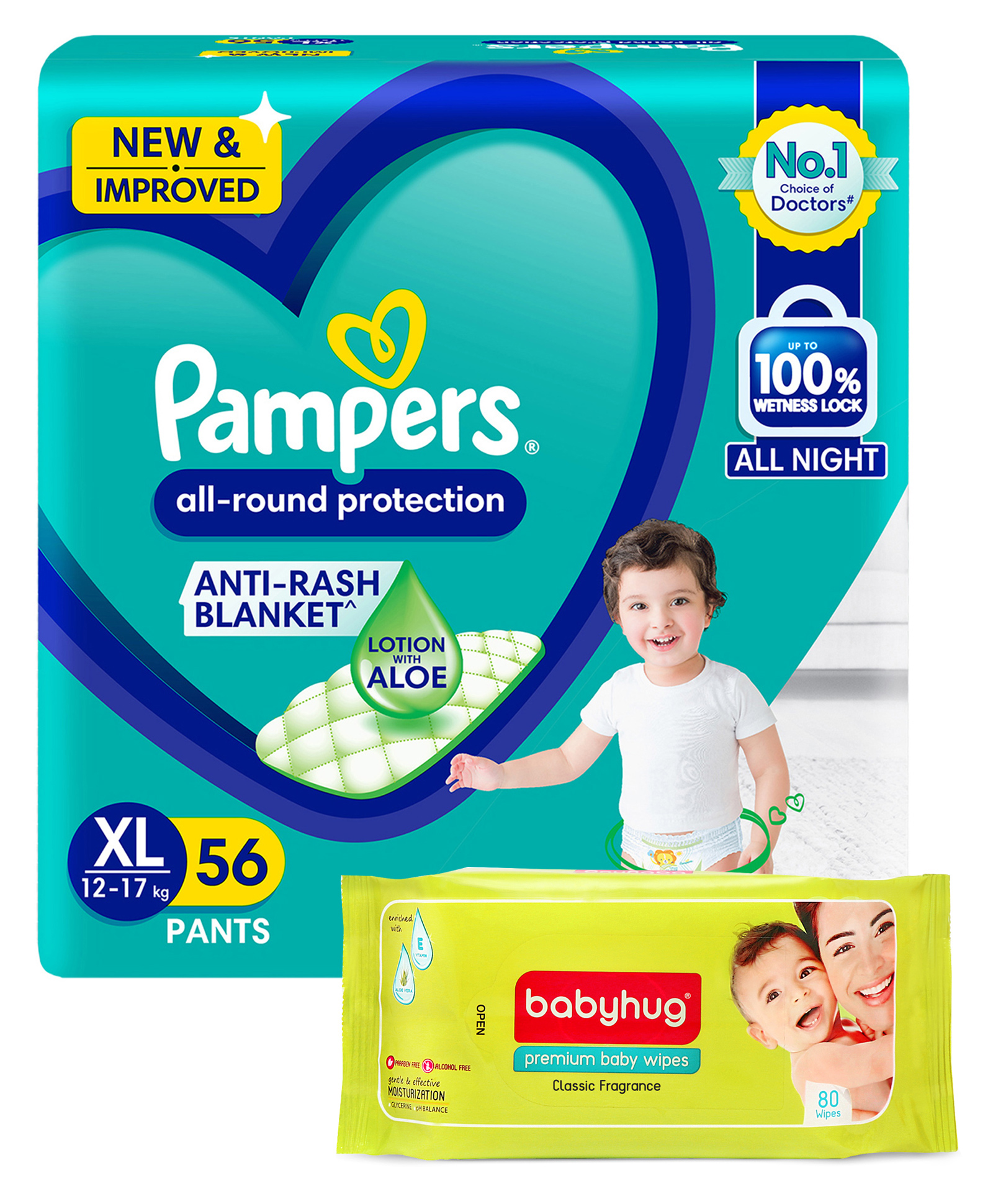 Pampers Pant Style Diapers XL Size - 56 Pieces & Babyhug Premium Baby Wipes - 80 Pieces-image-3