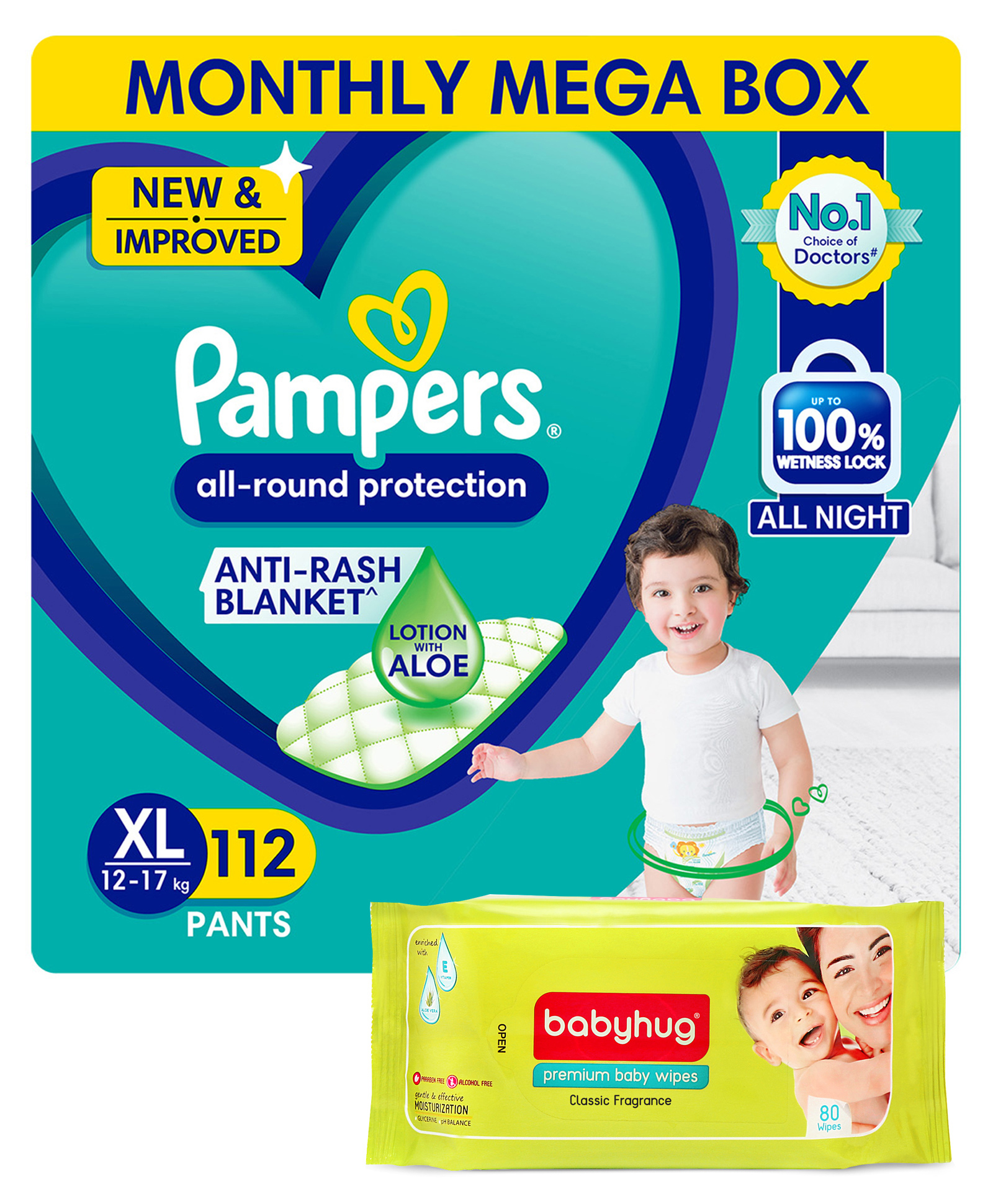 Pampers Pant Style XL Size Diapers Monthly Box Pack - 112 Pieces & Babyhug Premium Baby Wipes - 80 Pieces-image-26
