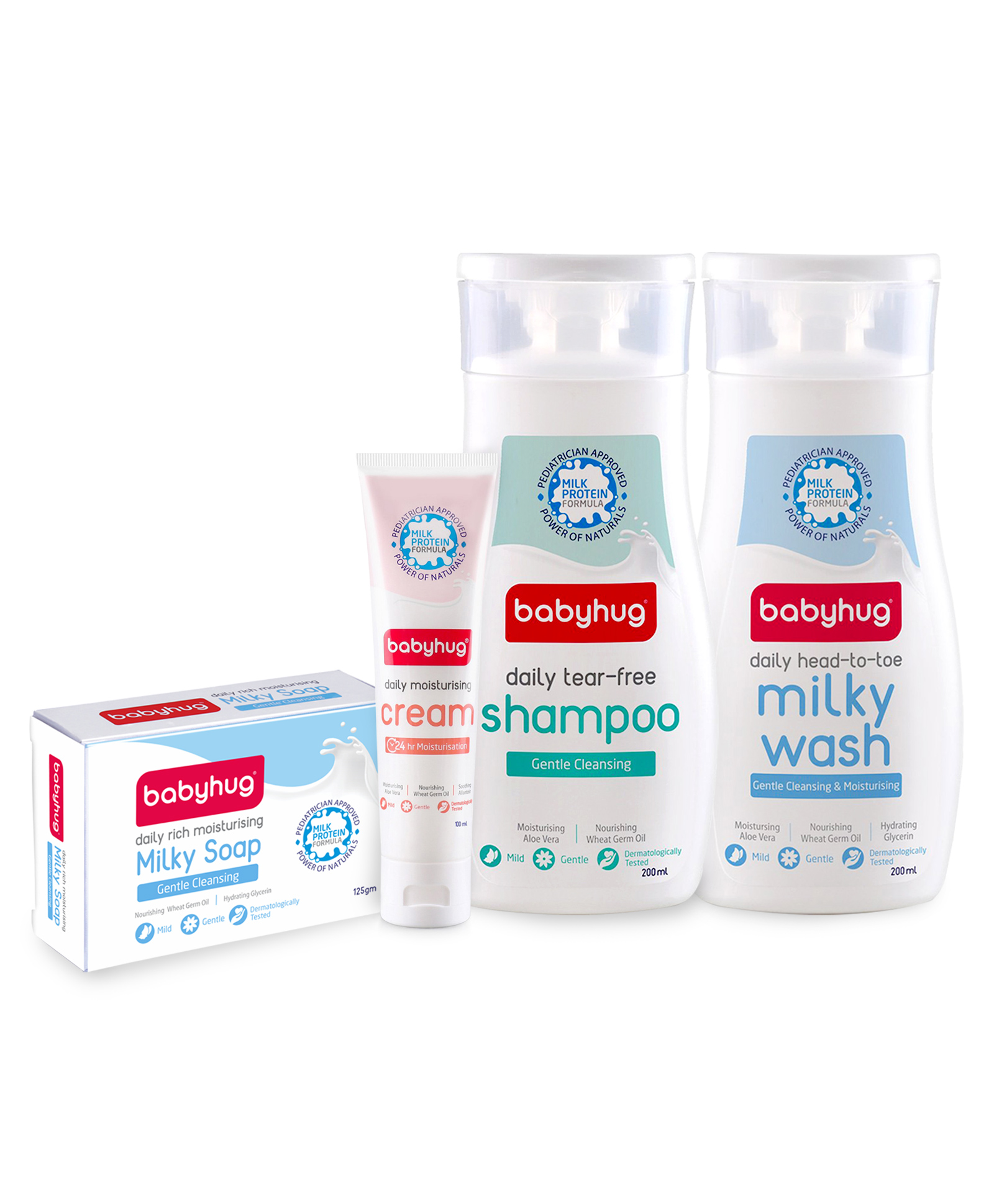 Babyhug Cream 100 ml , Moisturizing Bathing bar 125gm,  Shampoo 200 ml, Milky wash 200 ml