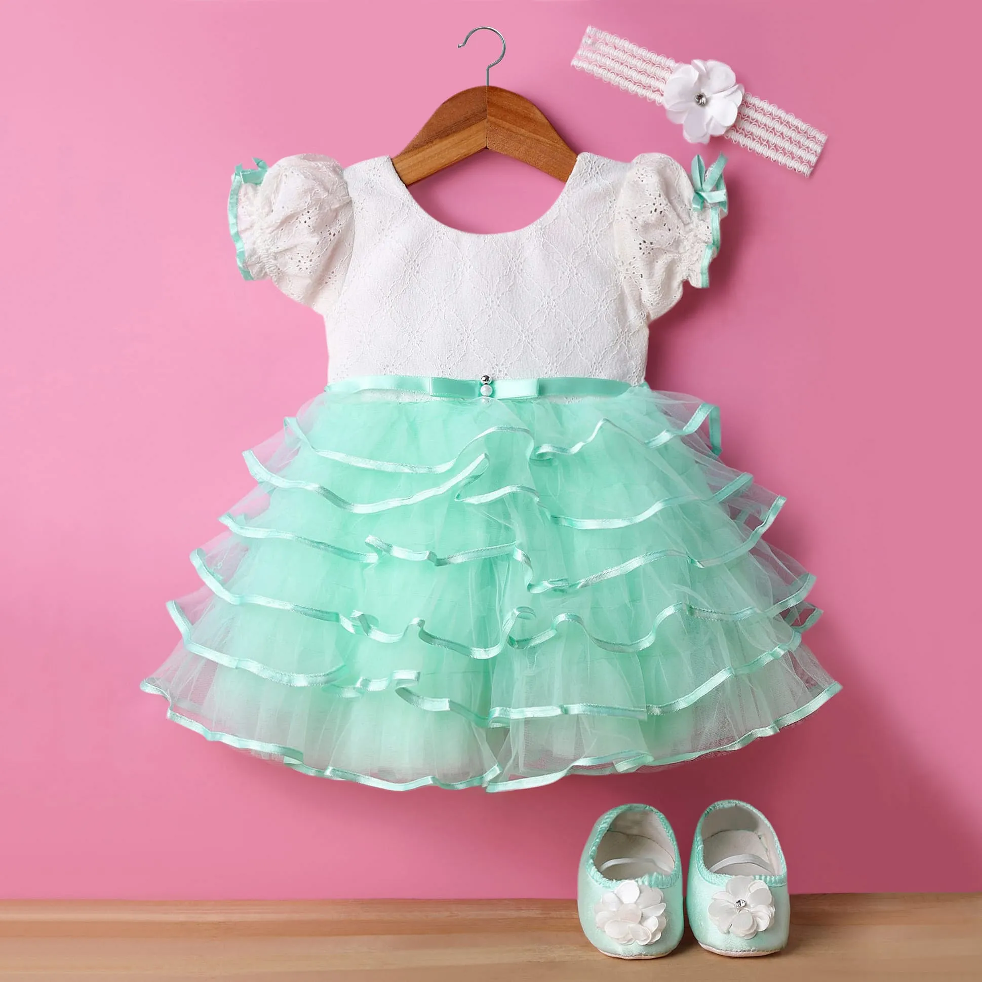 Buy Enfance Half Puffed Sleeves Schiffli Embroidery Ruffle Detailed Dress  With Headband & Booties - Sea Green for Girls (0-3Months) Online in India,  Shop at FirstCry.com - 21824406