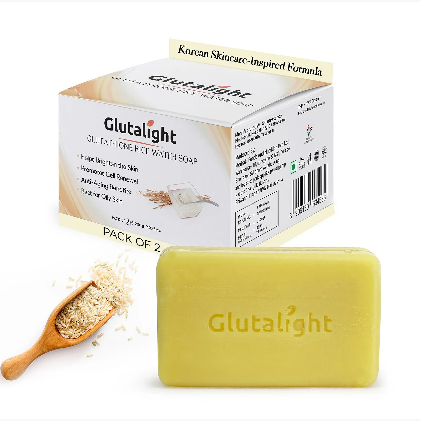 Glutalight Glutathione Rice Water Soap | Korean Skincare Hydrating Bathing Soap with Niacinamide & Rice Water | Fades Dark Spots & Hyperpigmentation | Glass Skin Glow