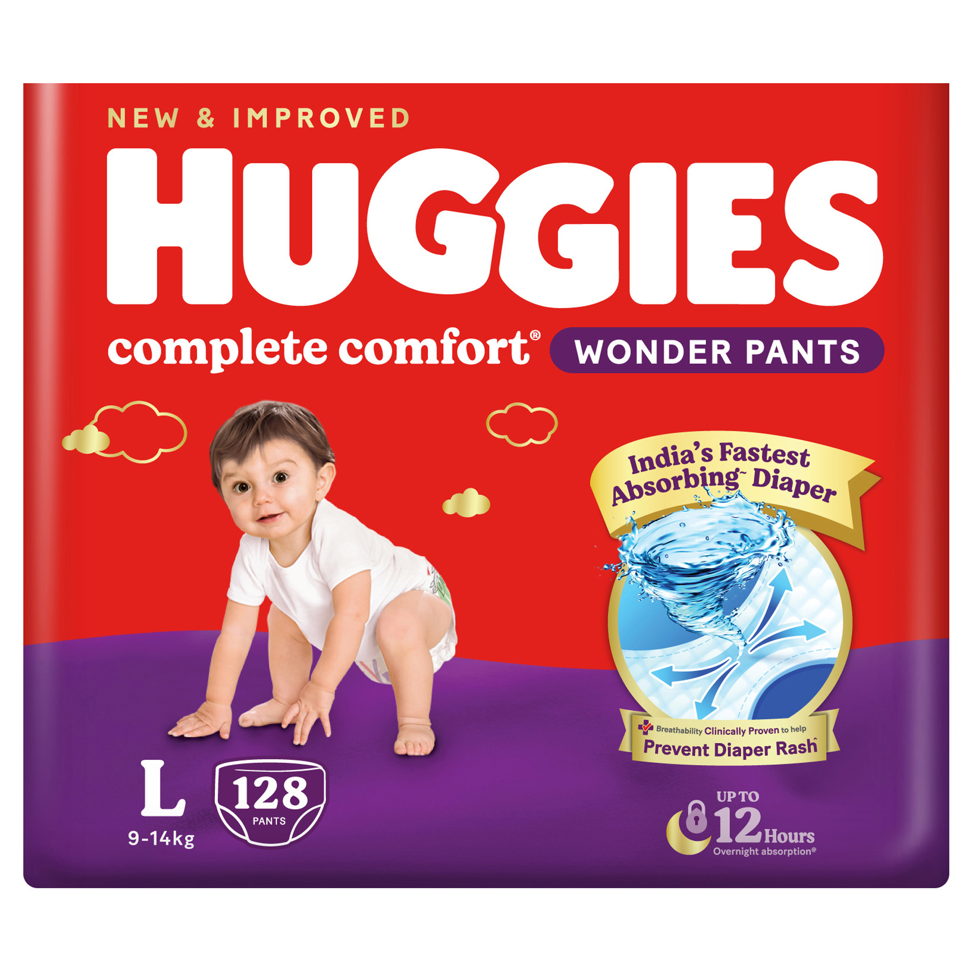 Huggies Complete Comfort Wonder Pants, India's Fastest Absorbing Diaper | L Size, 128 Diapers Online in India, Buy at Best Price from FirstCry.com - 2855490