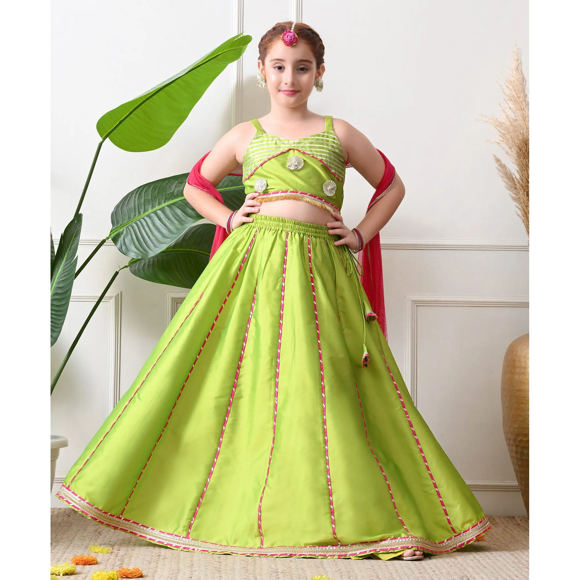 Buy INDI-LOOM COUTURE Woven Sleeveless Floral Applique Detailed & Printed  Lace Embellished Lehenga Choli With Dupatta Set - Green for Girls  (5-6Years) Online in India, Shop at FirstCry.com - 22245277