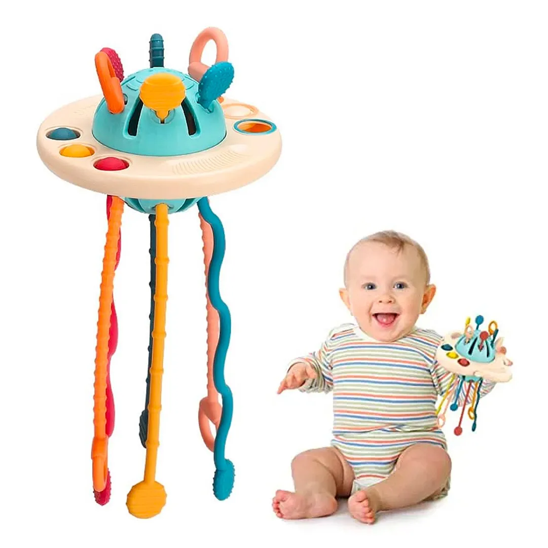 ETETOO Pull String speelgoed voor baby's - van 100% voedselveilige siliconen met ingebouwde rammelfunctie en gemakkelijk te reinigen (munt