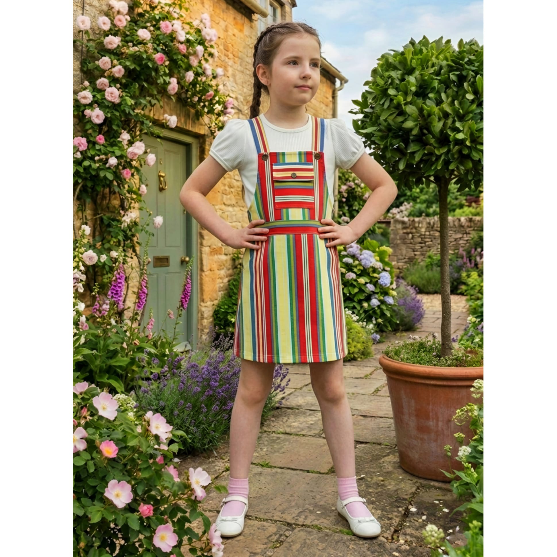 Buy Lei-Chie Linen Woven Striped Pinafore Dress With Half Puffed