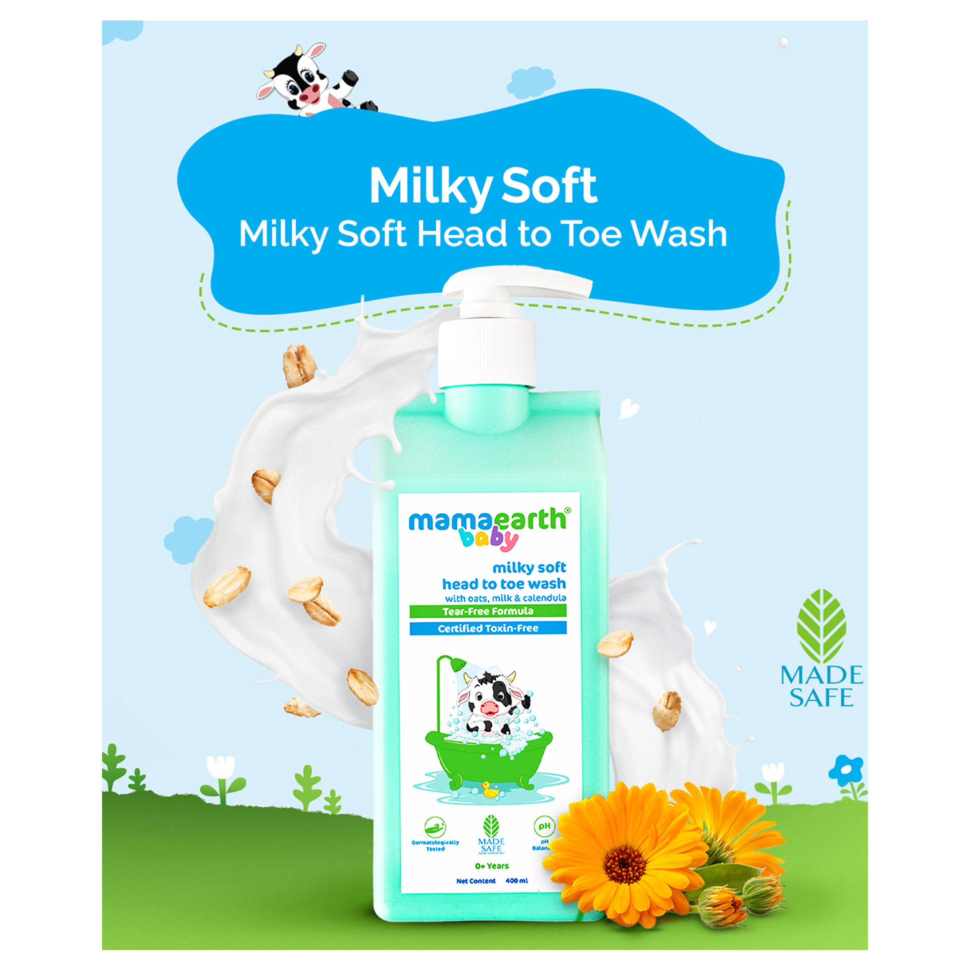 Mamaearth Baby Head to Toe Wash With Oats Milk Calendula for Babies 2 in 1 Tear Free Body Wash & Shampoo- 400 ml Online in India, Buy at Best Price from FirstCry.com - 15301263