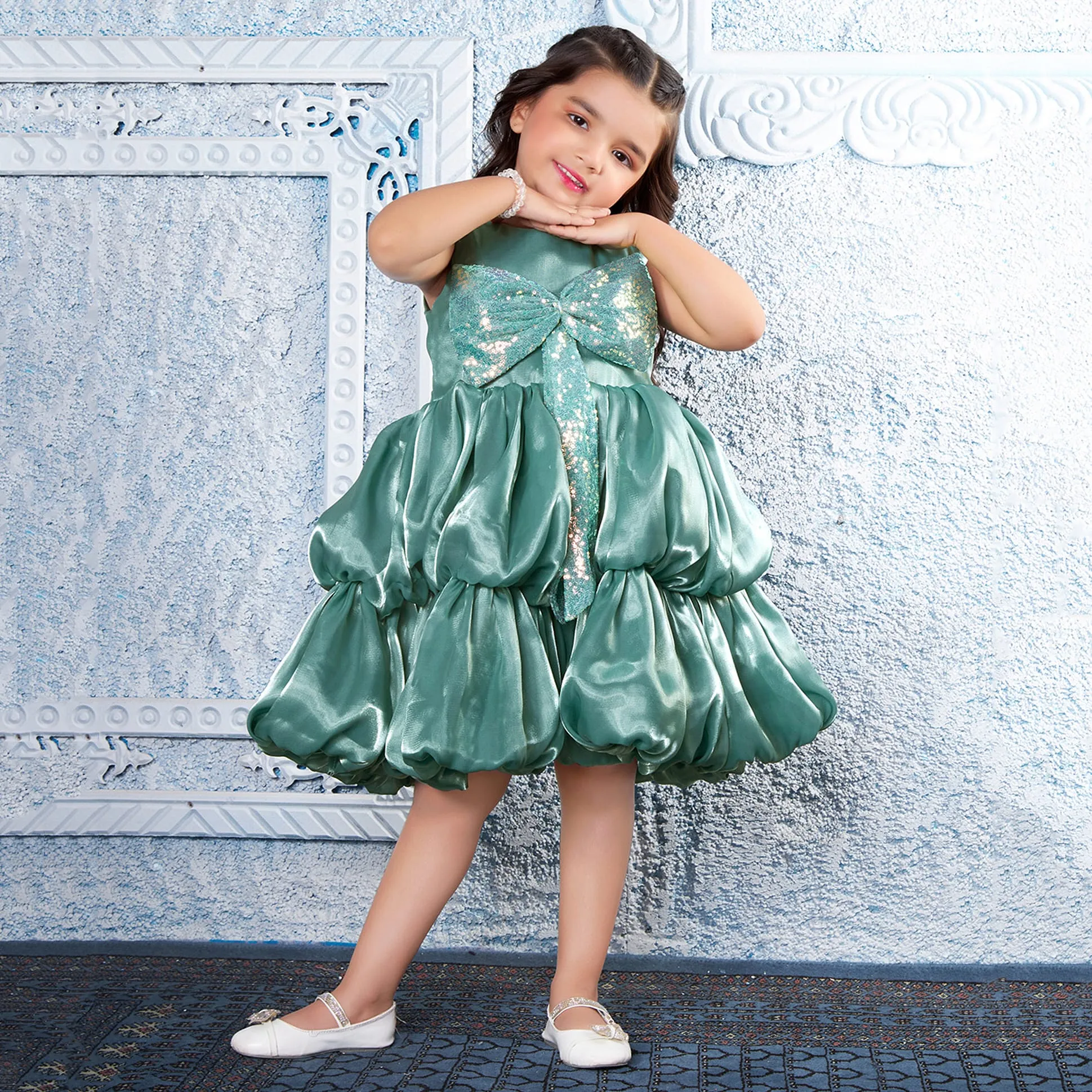 Buy Ministitch Woven Sleeveless Sequins Embellished Bow Applique Detailed  Tiered Bubble Dress - Green for Girls (4-5Years) Online in India, Shop at  FirstCry.com - 22592965