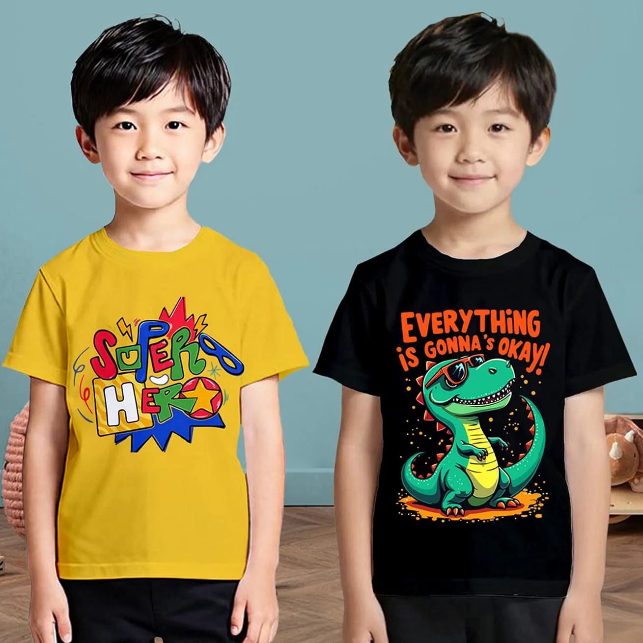 Buy NUSYL Cotton Blend Knit Pack Of 2 Half Sleeves Dinosaur
