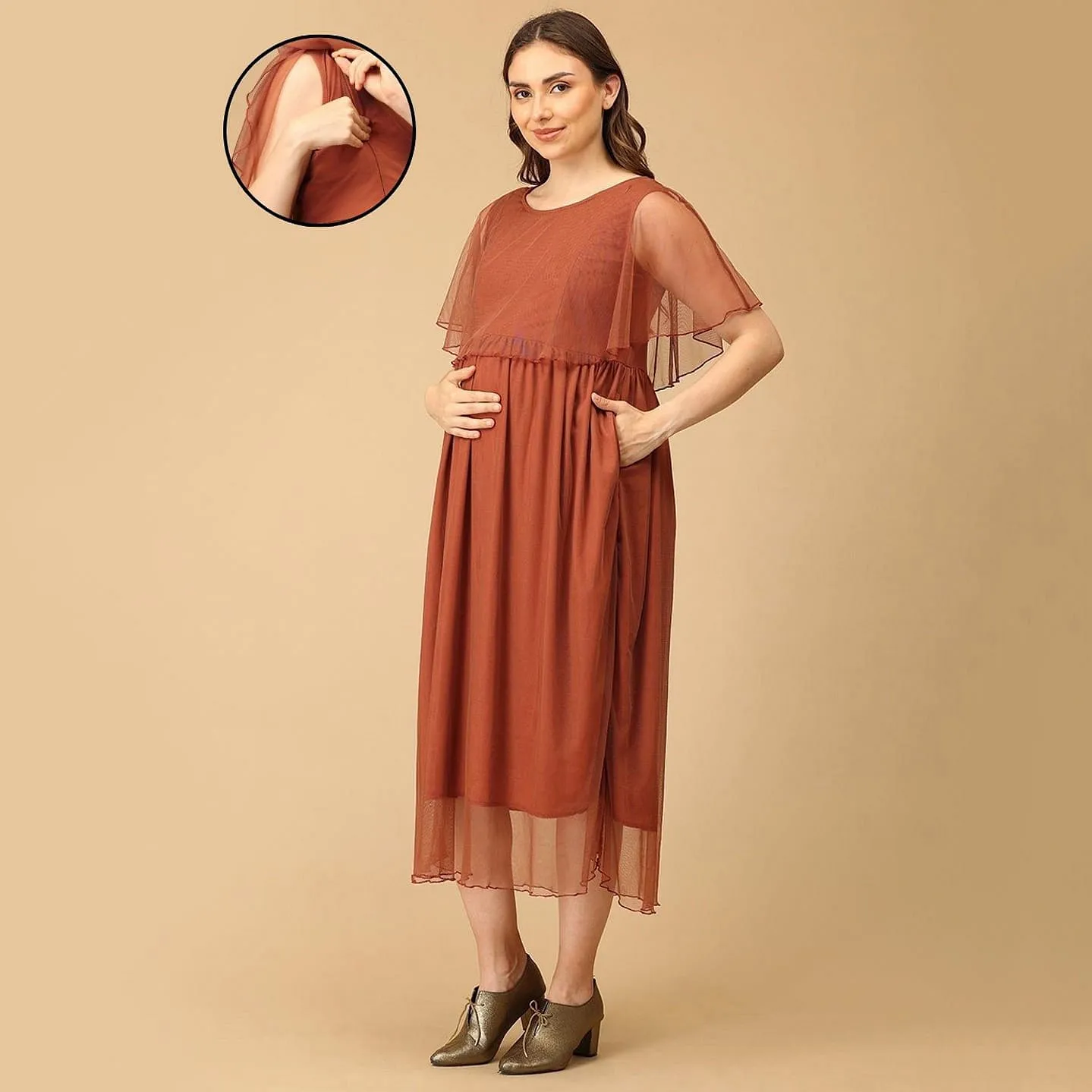 Cotton Lactating Dress Nursing Dress Cotton The Mom Store Cotton Woven Sleeveless Solid Dress With  Side Zipper Nursing Access Brown