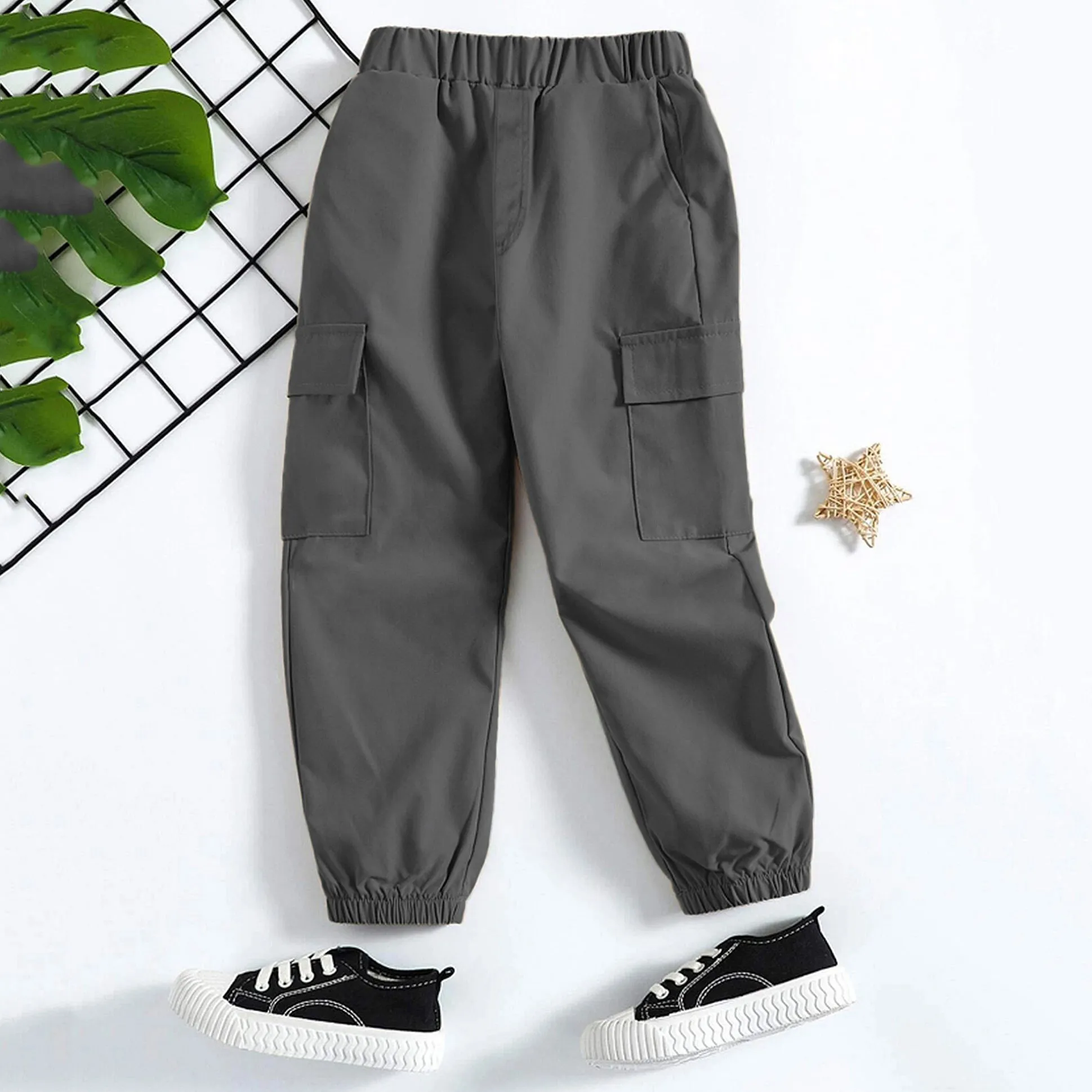 Buy Trampoline Cotton Woven Cargo Trousers With 4 Pockets - Grey
