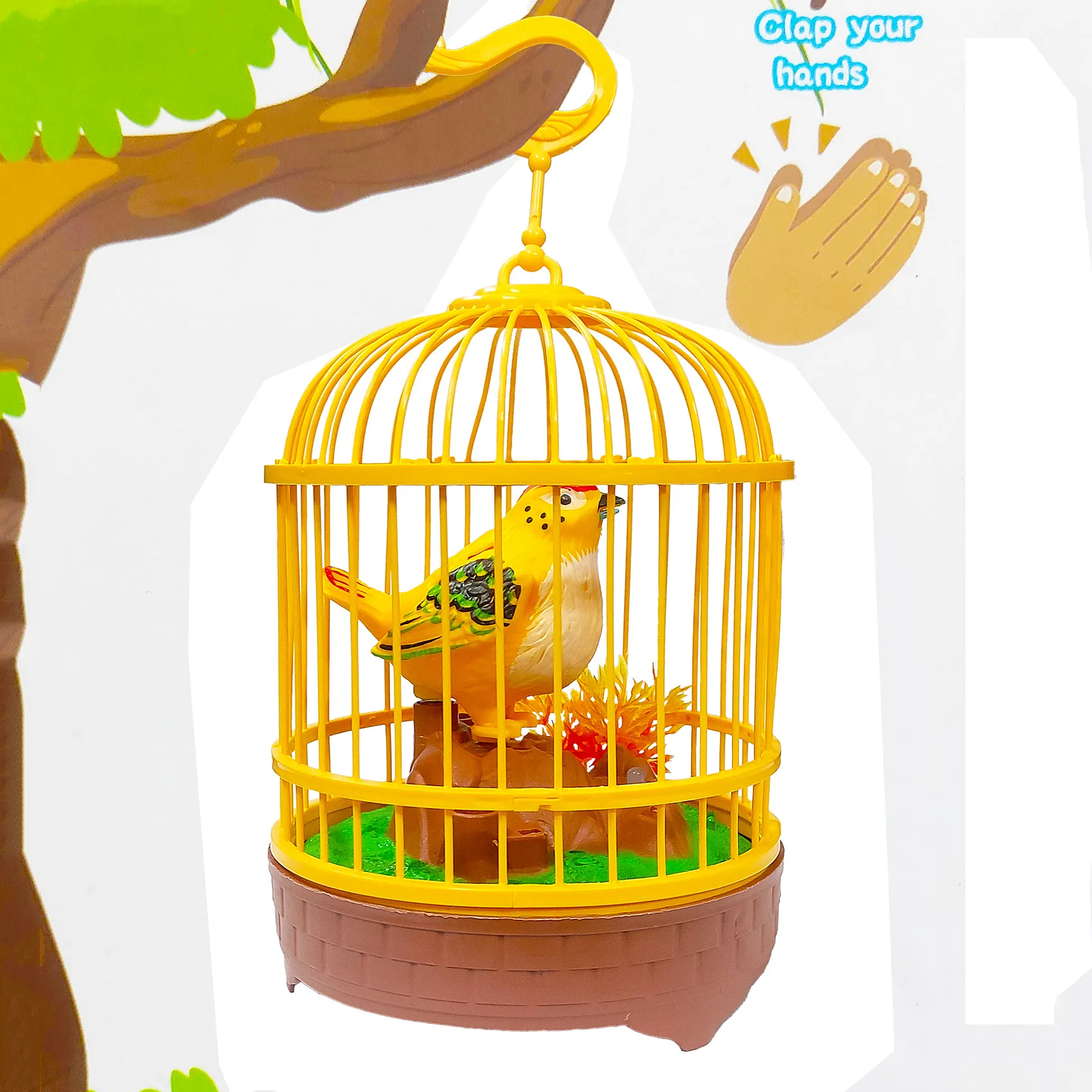 VGRASSP Sound Activated Chirping Single Bird in Hanging Cage