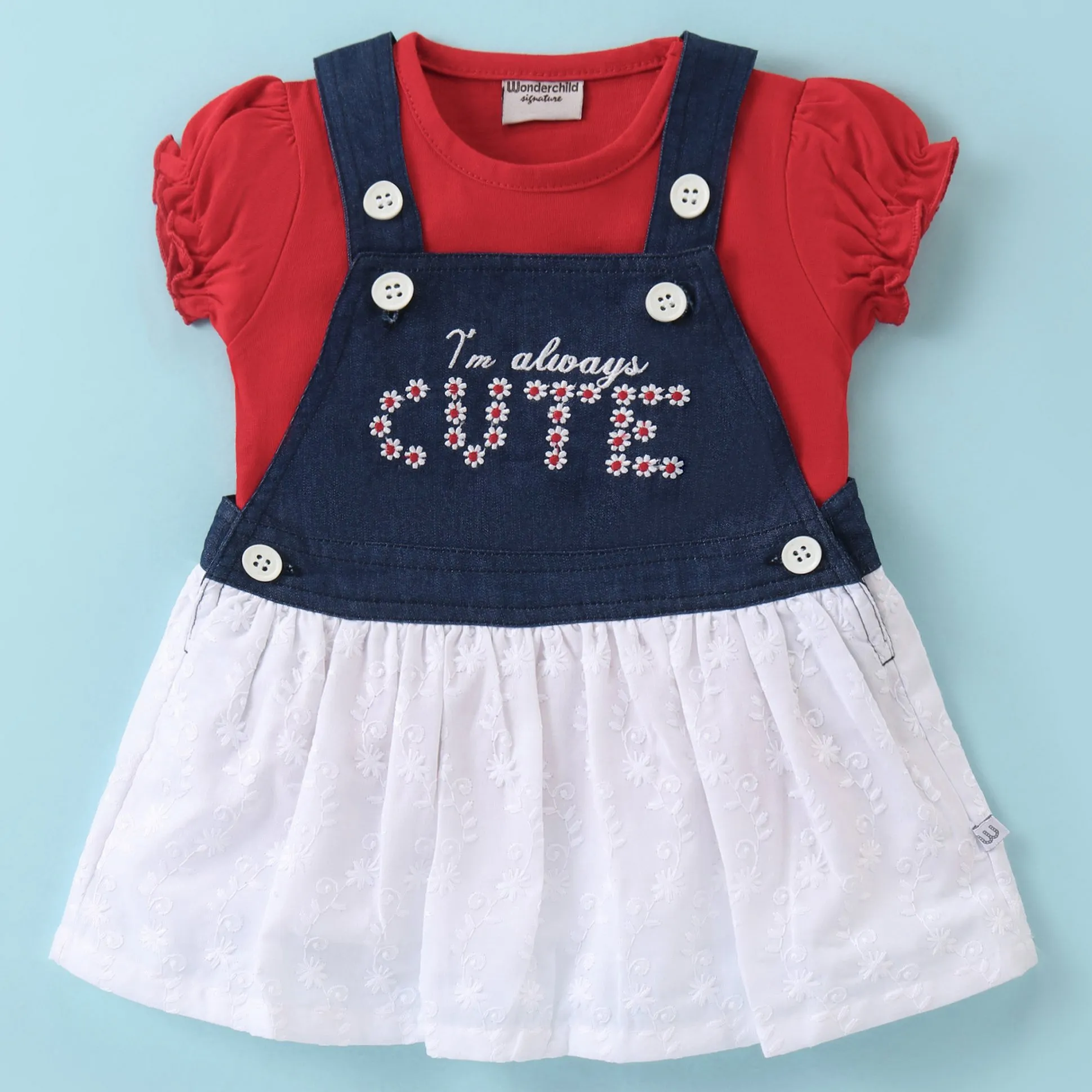 Buy Wonderchild Floral Embroidered Dungaree Dress With Half Sleeves Solid  Top - Red & Denim for Girls (6-9Months) Online in India, Shop at  FirstCry.com - 18460336