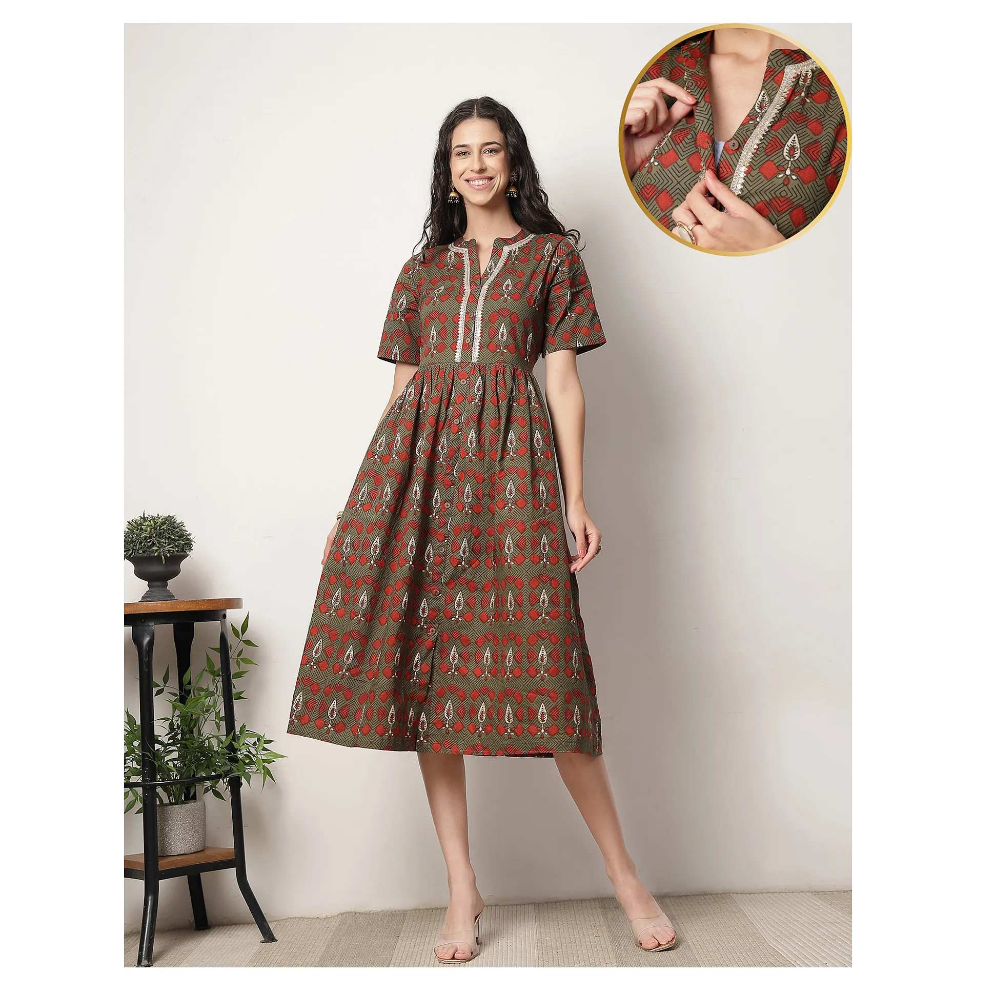 Zelena Cotton Silk Woven Half Sleeves Leaves Printed Lace Embellished Maternity  Dress With Front Open Nursing Access - Bottle Green Online in India, Buy at  Best Price from FirstCry.com - 21427074